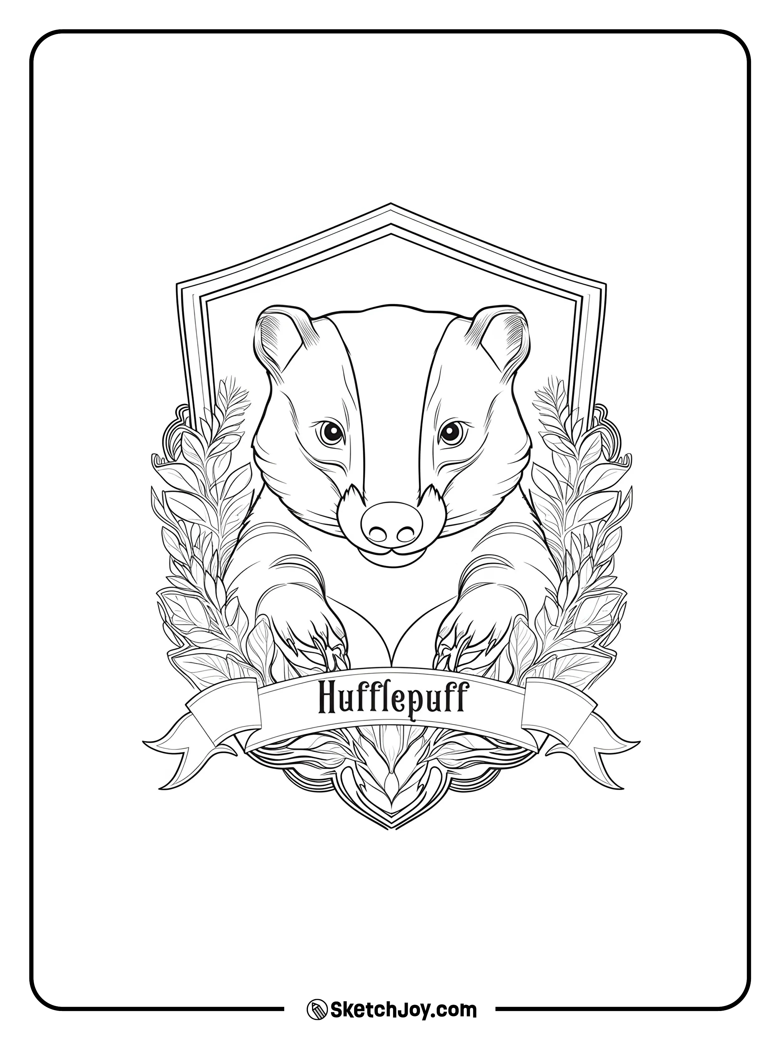A calm badger leans over a shield with a ribbon that names the house.