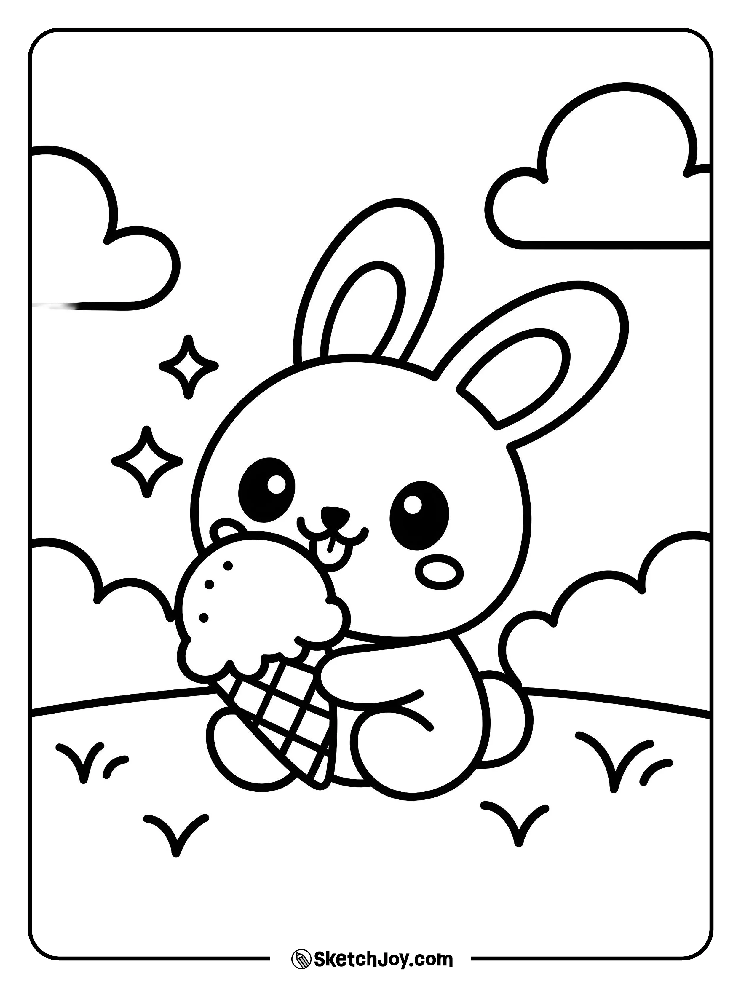 A chubby bunny enjoys a big ice cream cone on a calm day.
