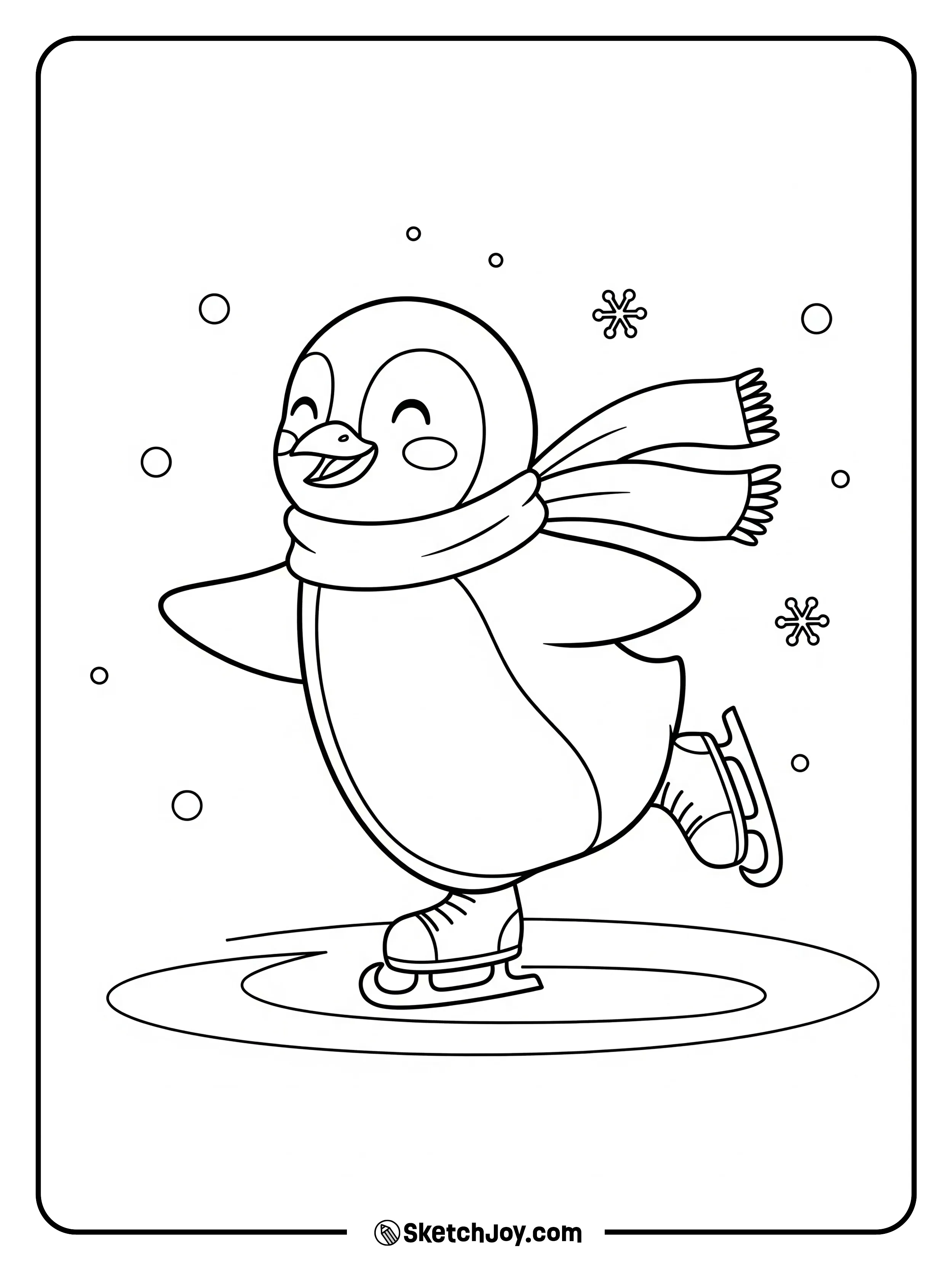 A penguin glides on skates with a cozy scarf.