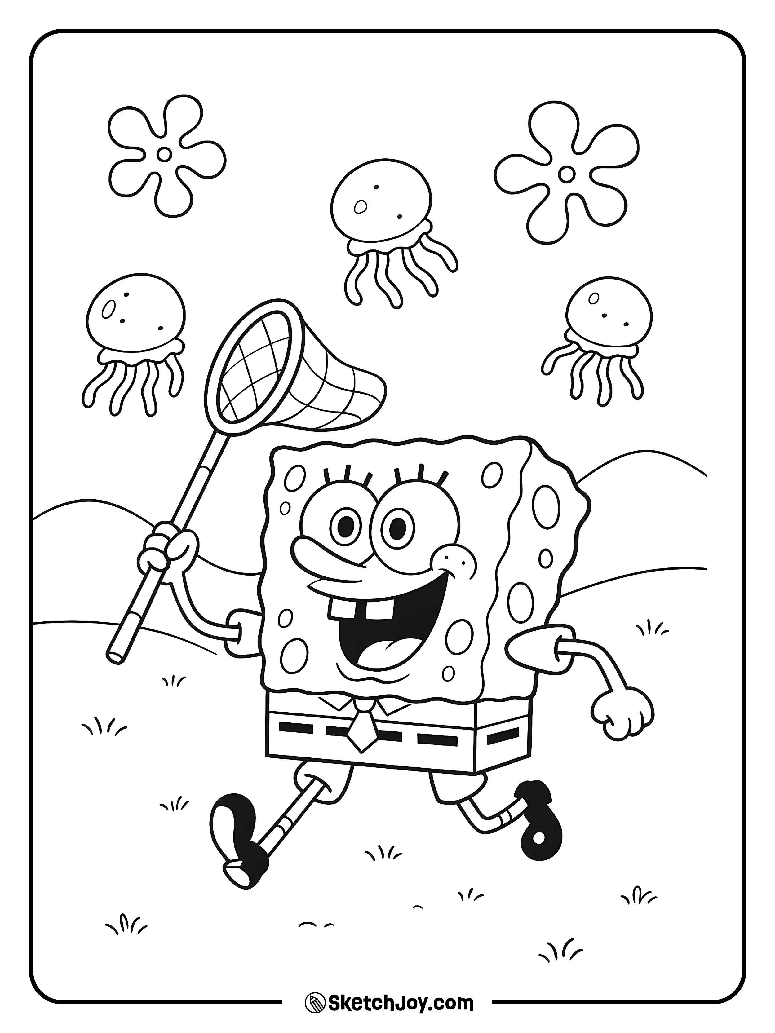 SpongeBob holds a net in Jellyfish Fields with soft hills and flower clouds.