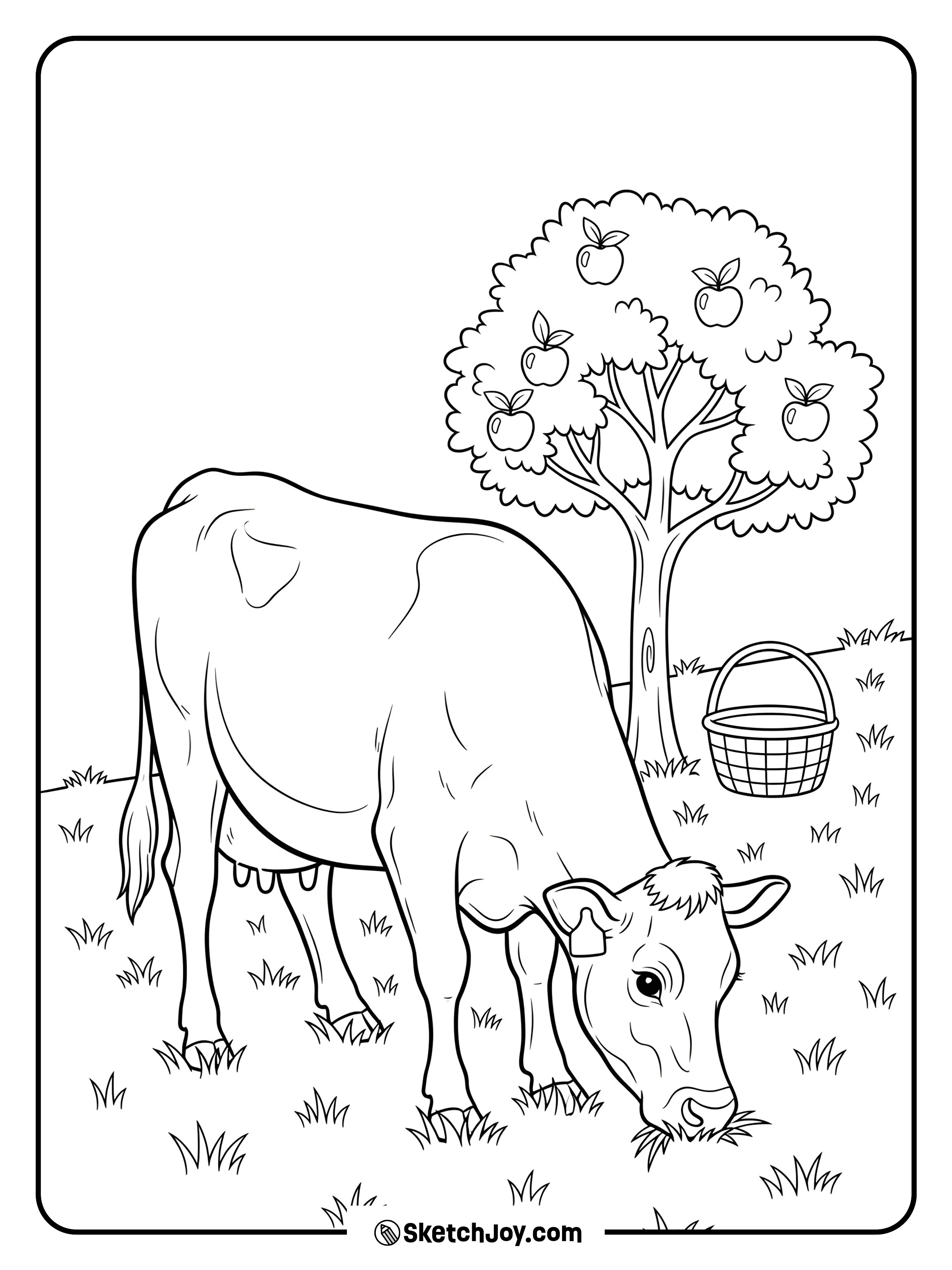A gentle Jersey grazes under an apple tree.