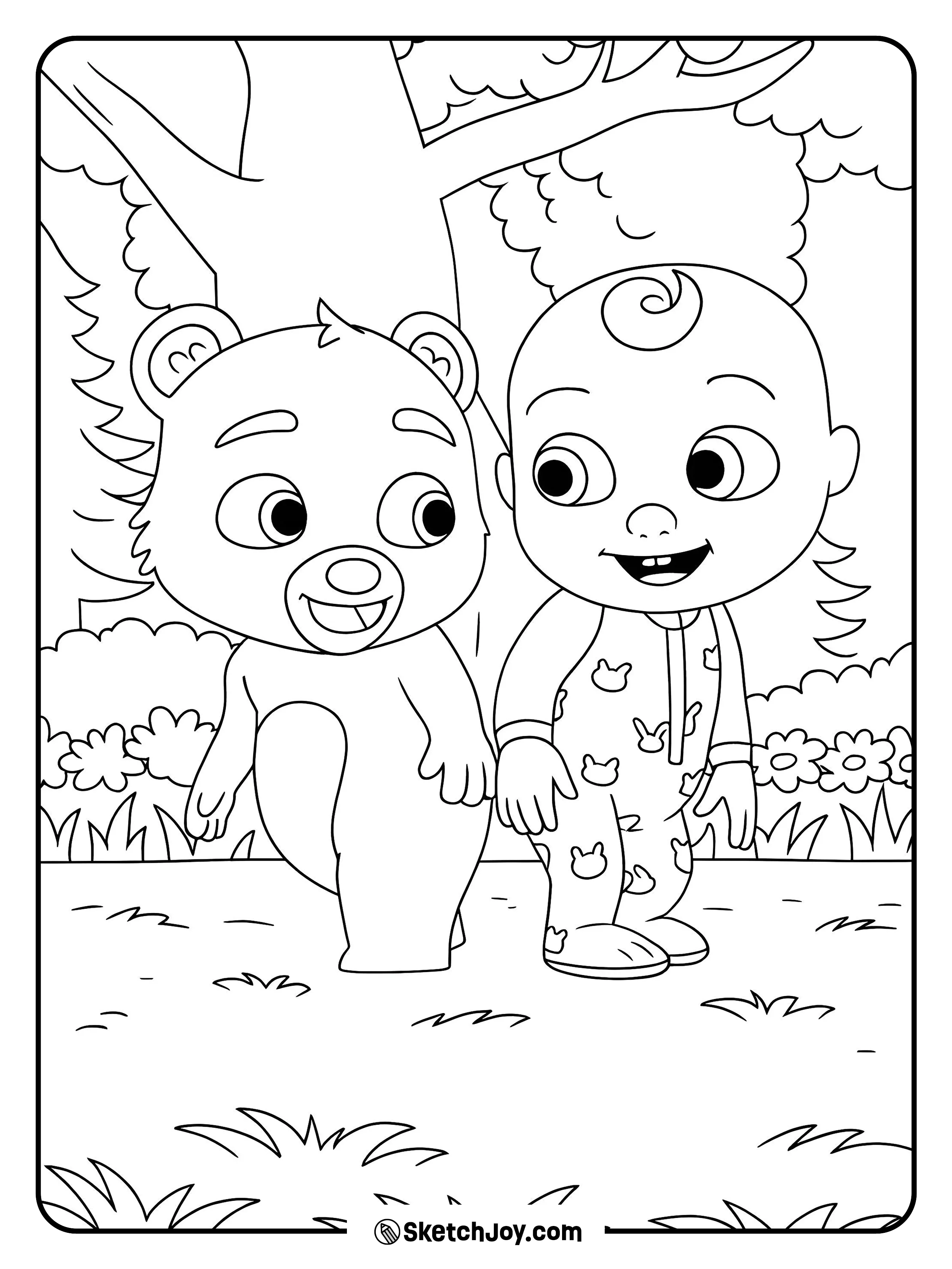 JJ walks side by side with Boba Bear under tall trees.