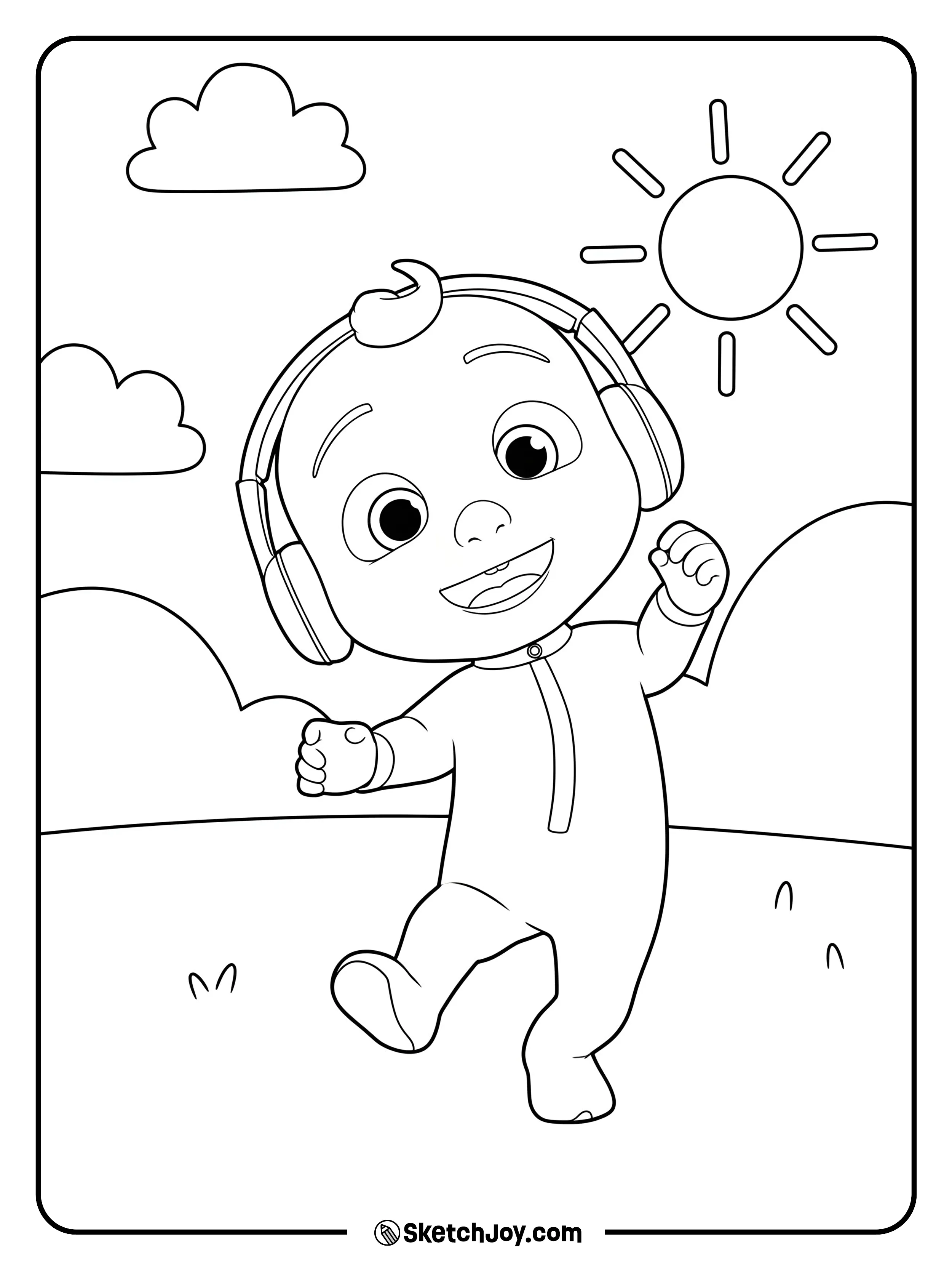 JJ marches to the beat across a grassy hill with a bright smile.