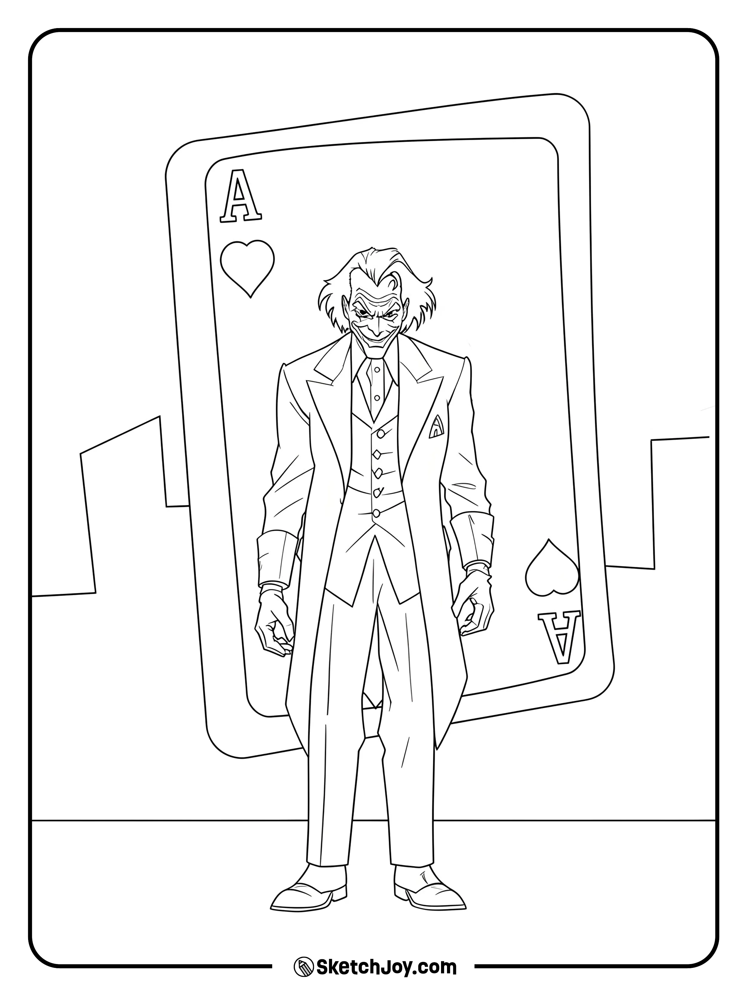 Joker stands before a huge card on a city street.