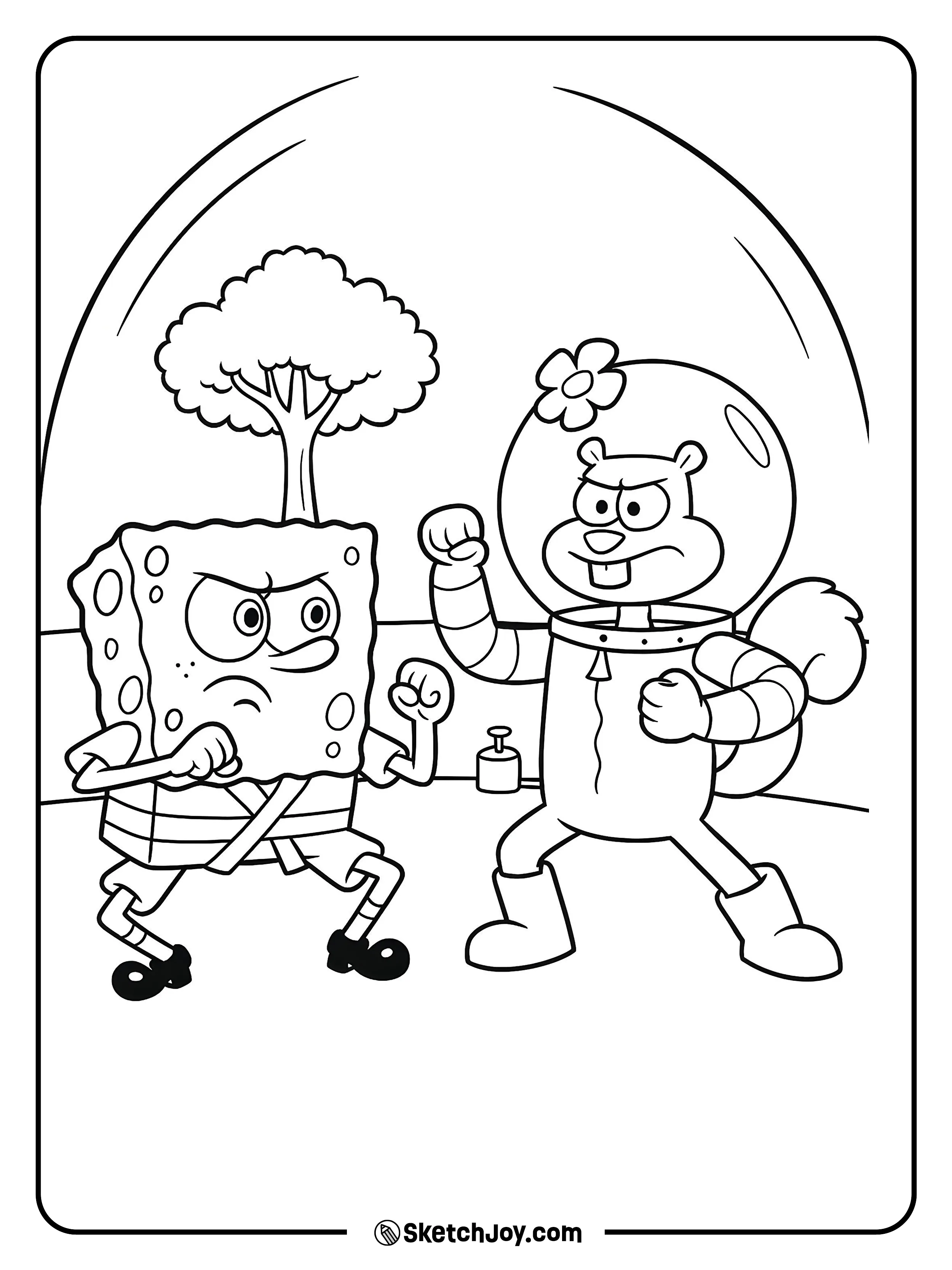 SpongeBob and Sandy bow in gear under the dome.