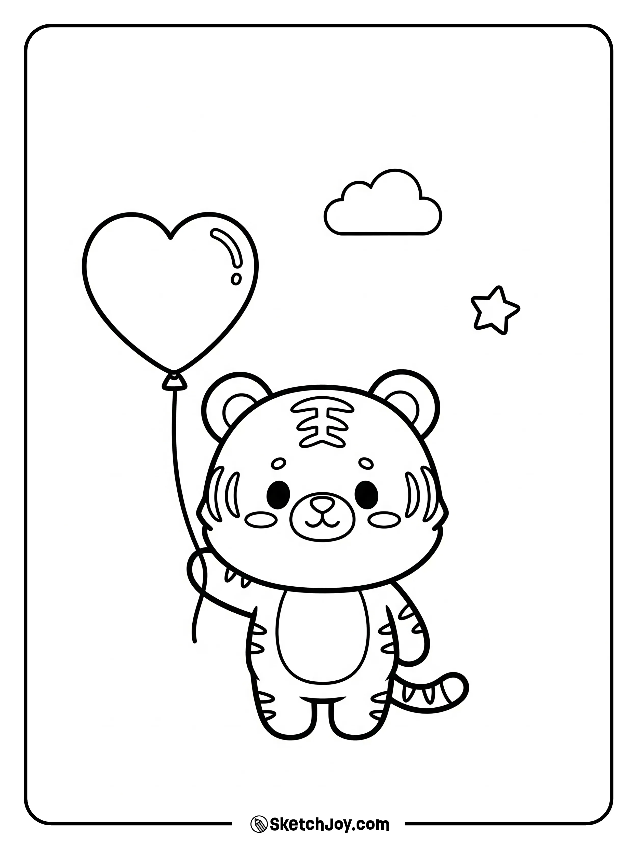 A round tiger holds a heart balloon and smiles.