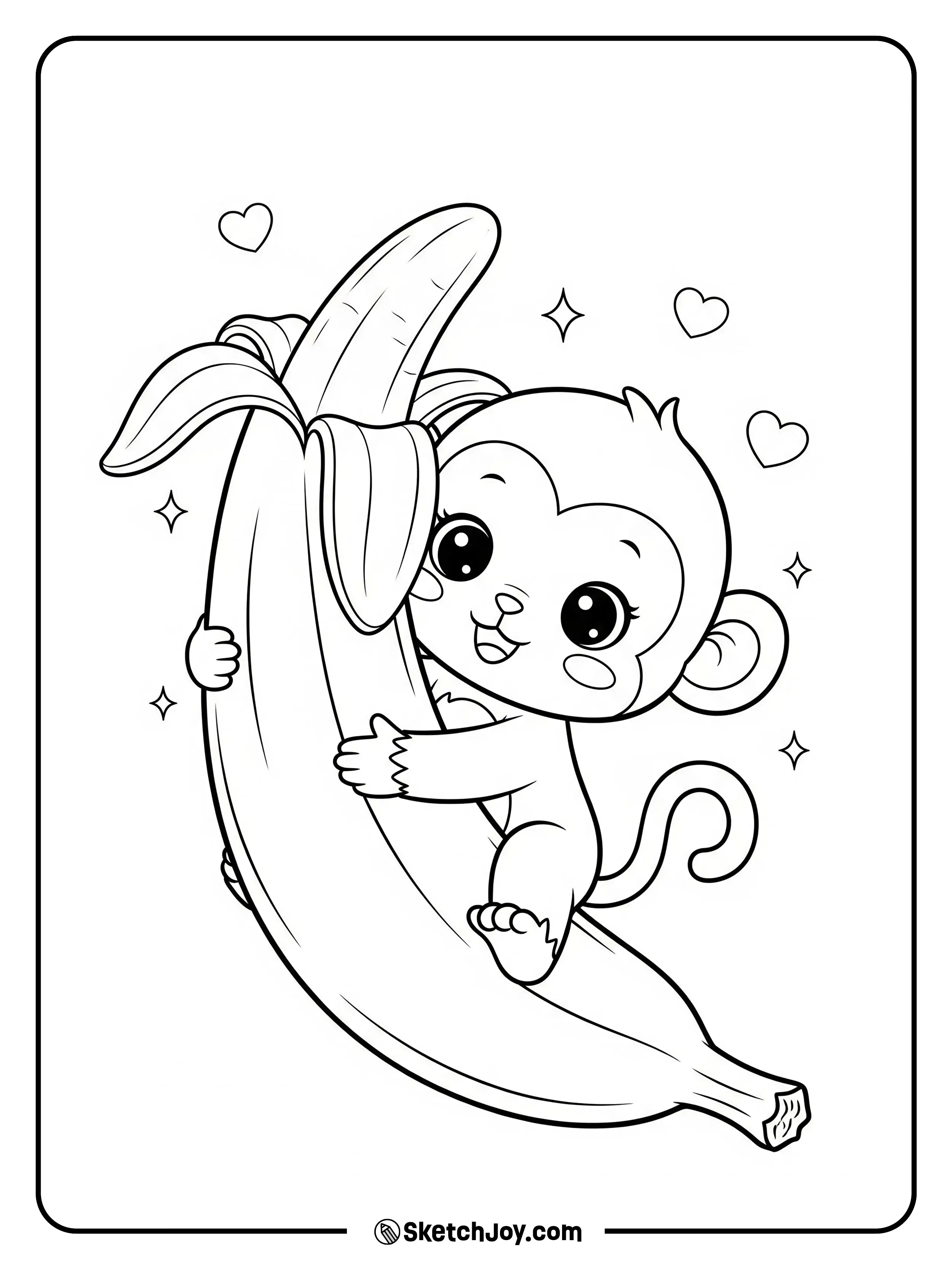 A tiny chibi monkey hugs a giant banana.