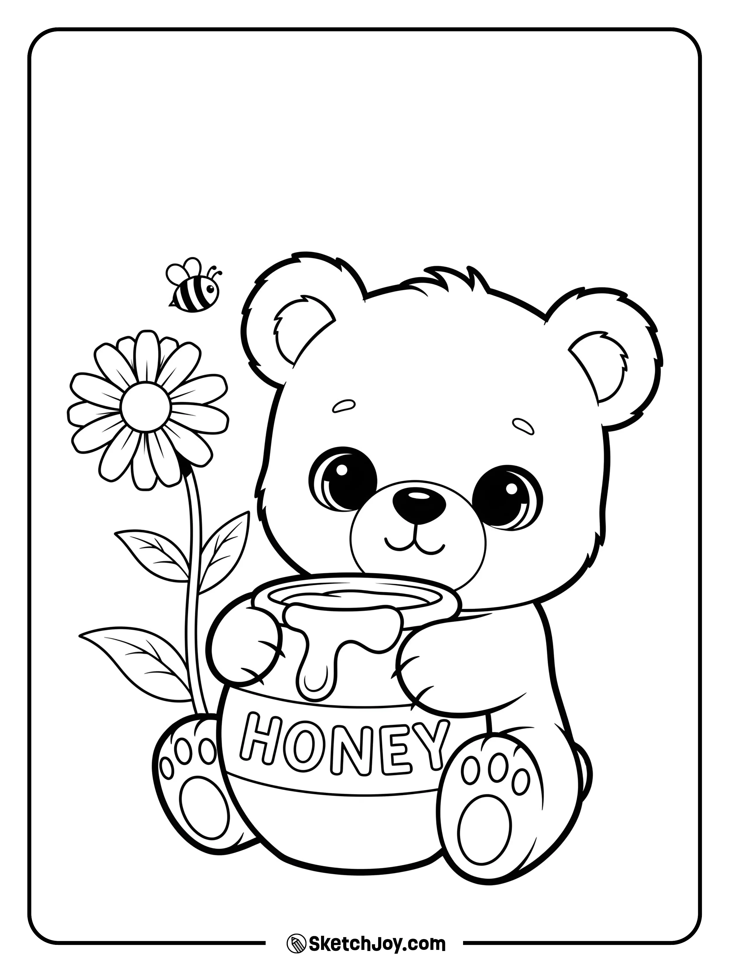 A small bear sits with a round honey pot and a shy grin.