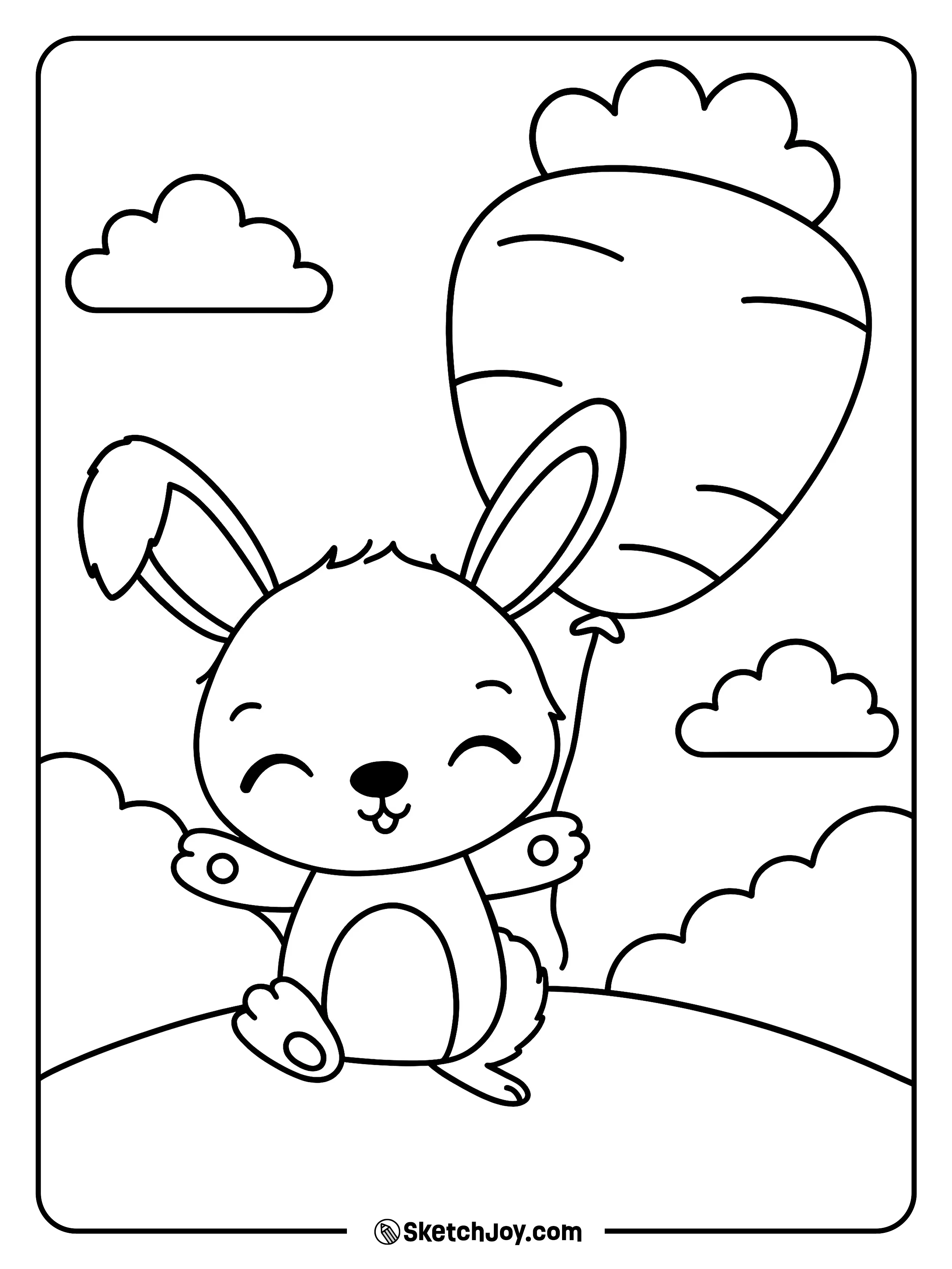 A chubby bunny holds a carrot-shaped balloon and smiles.