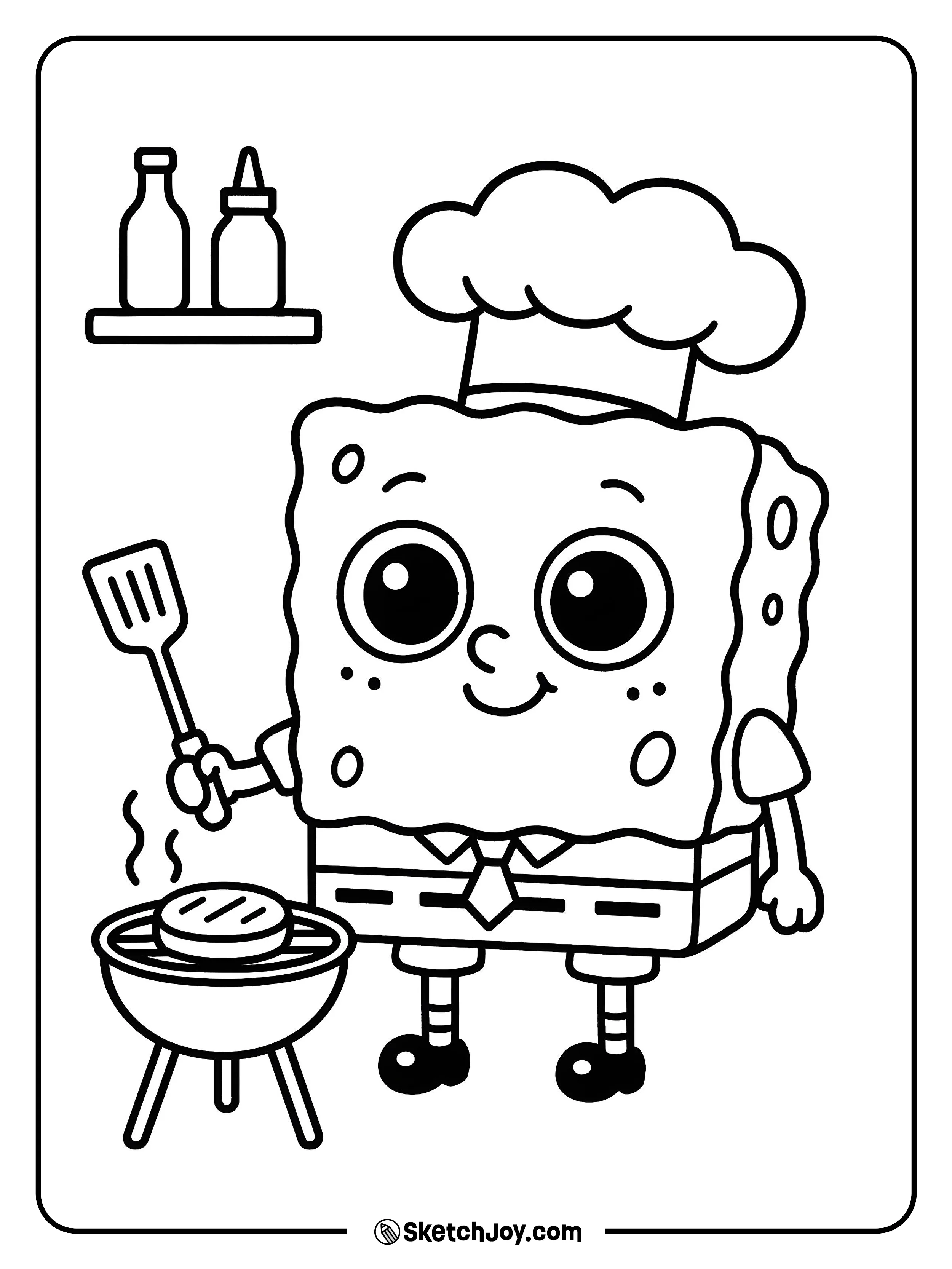 In cute style, SpongeBob flips a tiny patty with starry eyes.