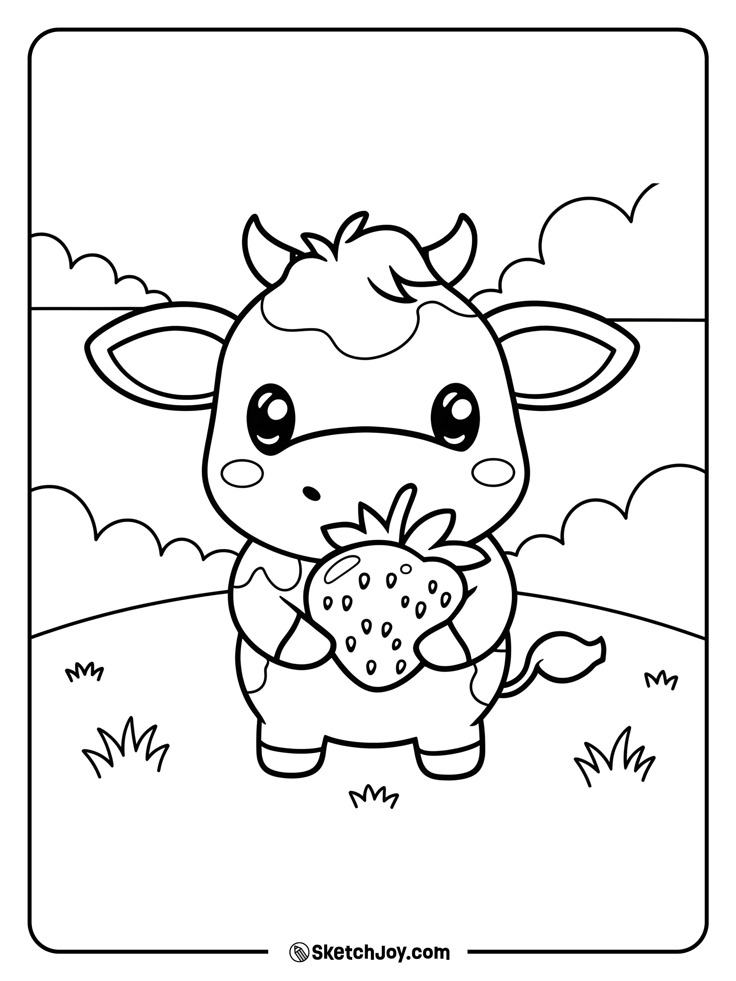 A round, chibi cow stands in a calm meadow and hugs an oversized strawberry