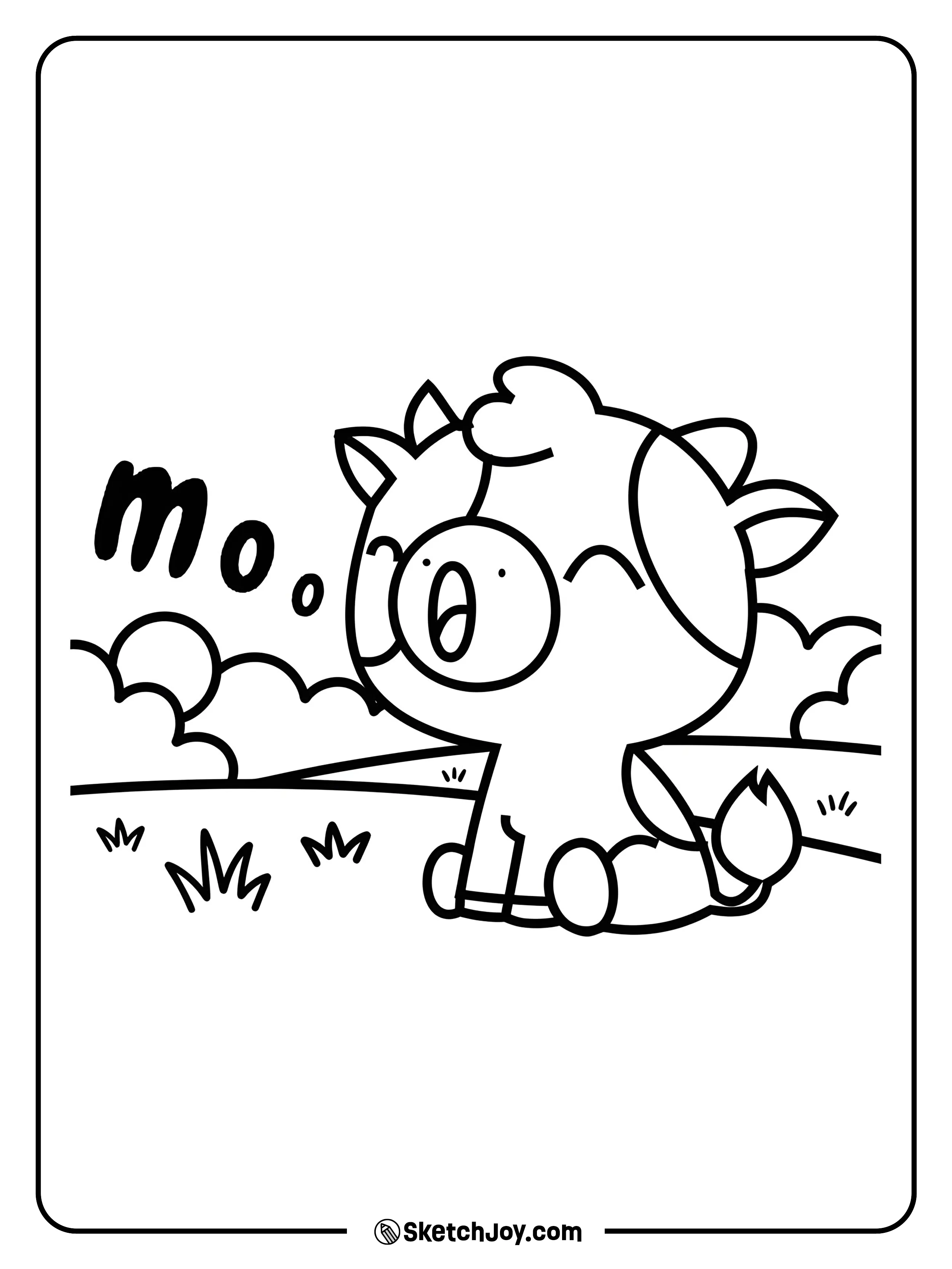 A chibi cow sits in a quiet meadow and calls out “Moo.”