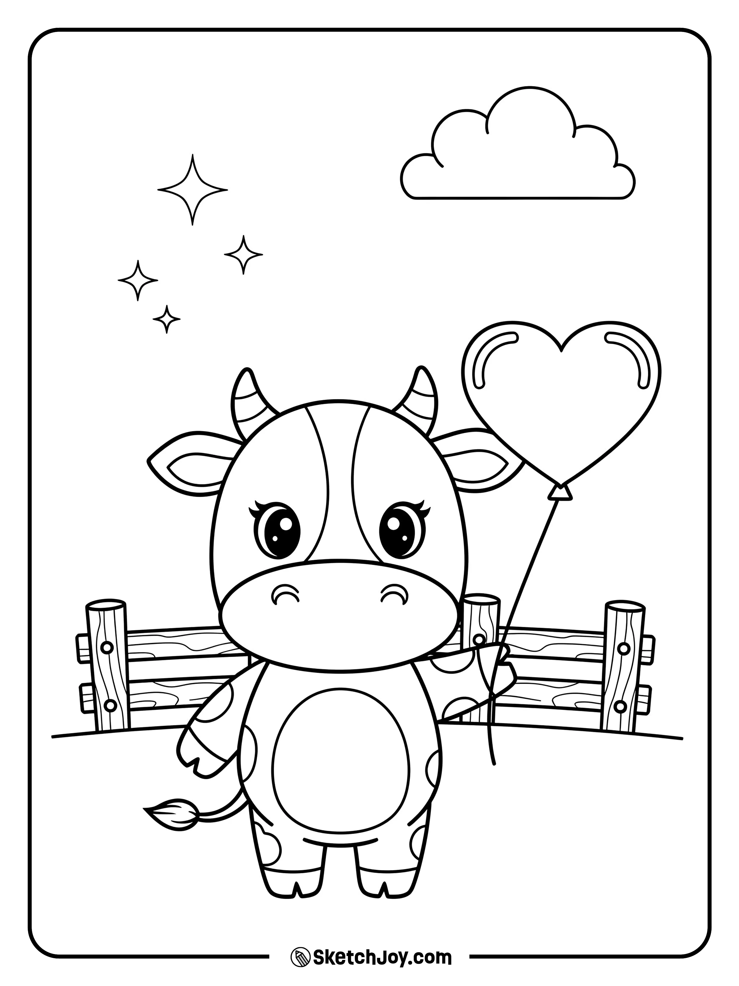 A cute, round cow holds a heart balloon by the string.