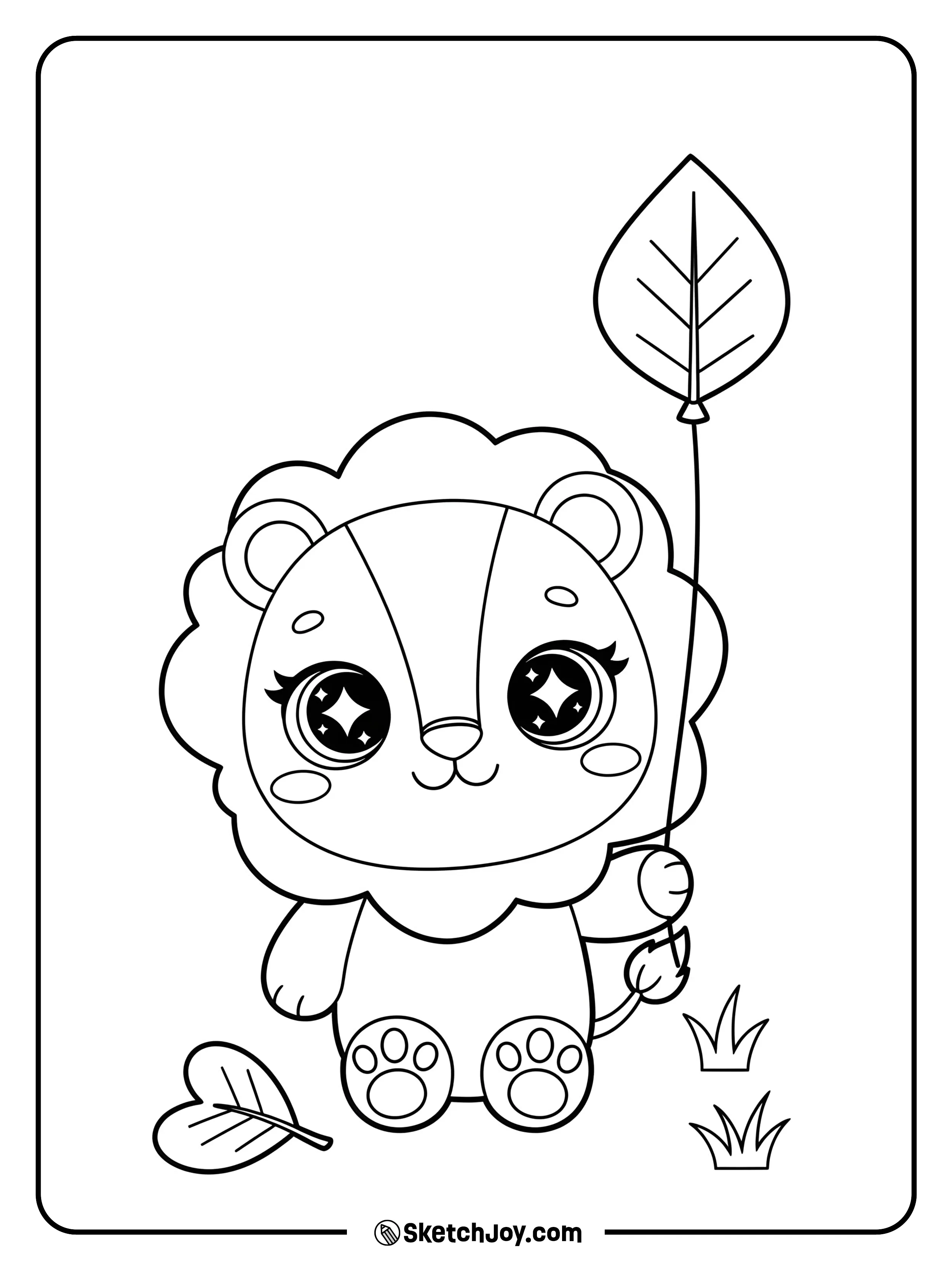 A chubby chibi-style cub holds a leaf-shaped balloon on a string.