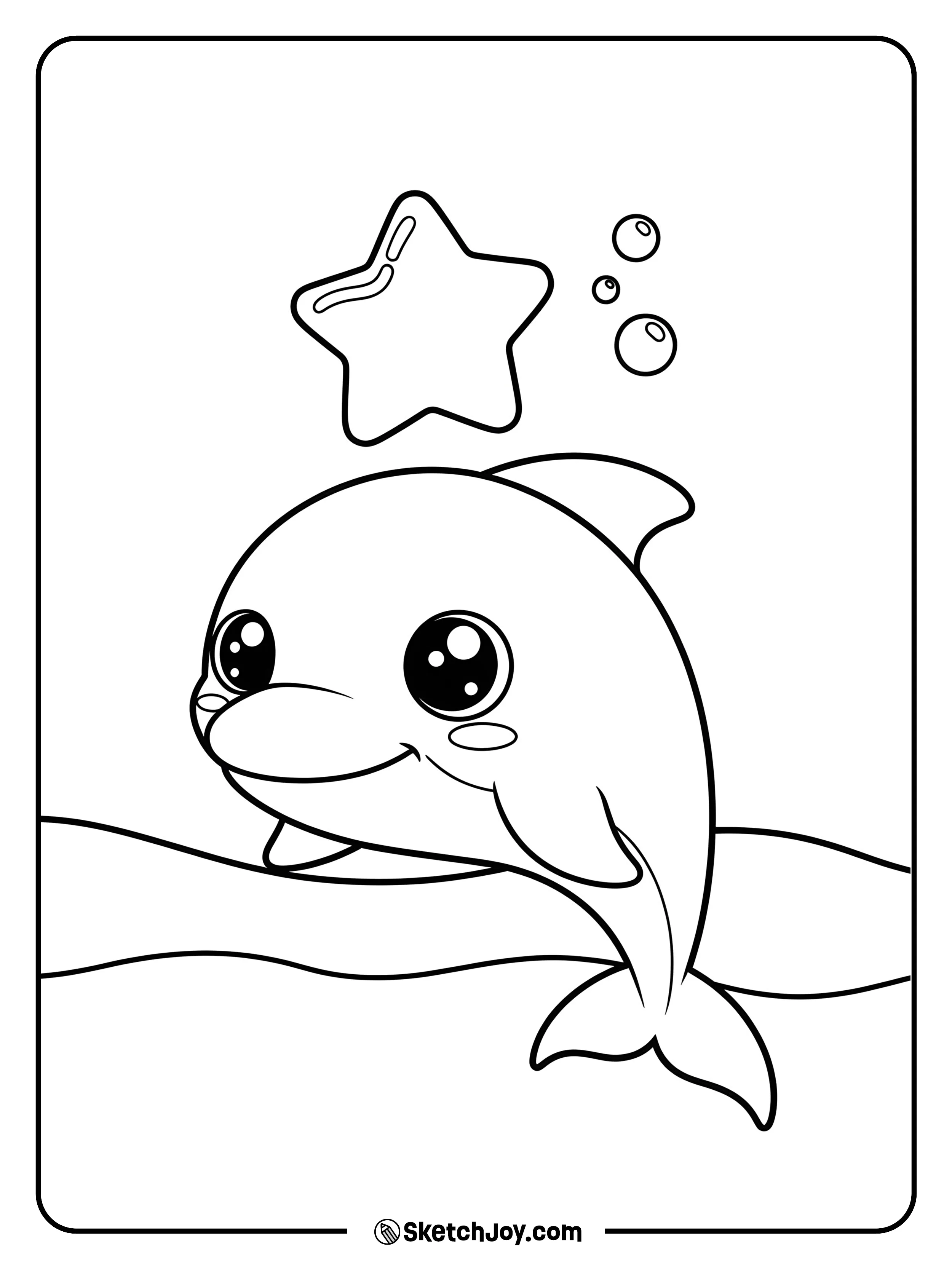 A cute round dolphin floats with one big star bubble and tiny sparkles.