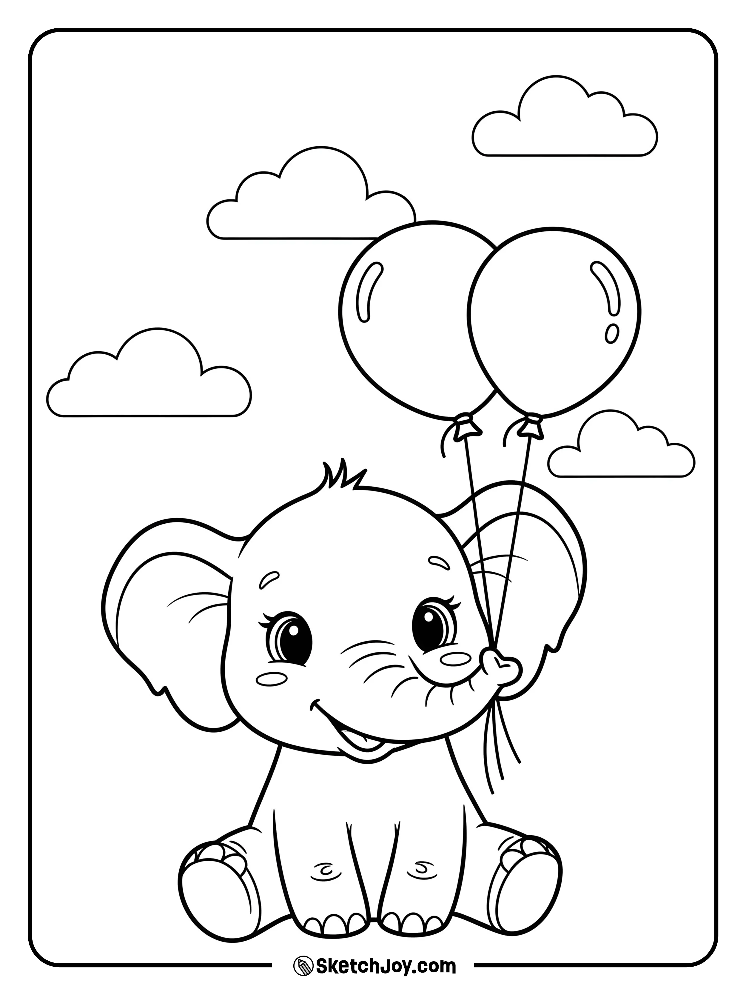 A chubby, smiling elephant holds two balloons while sitting on the ground.