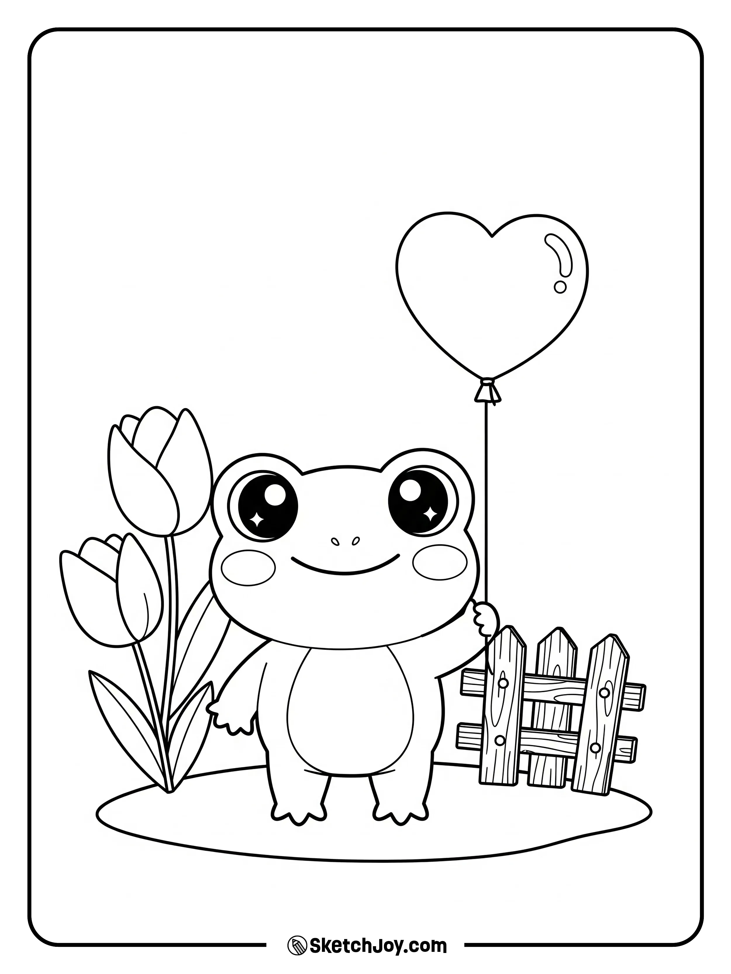 A tiny frog holds a heart balloon and smiles.