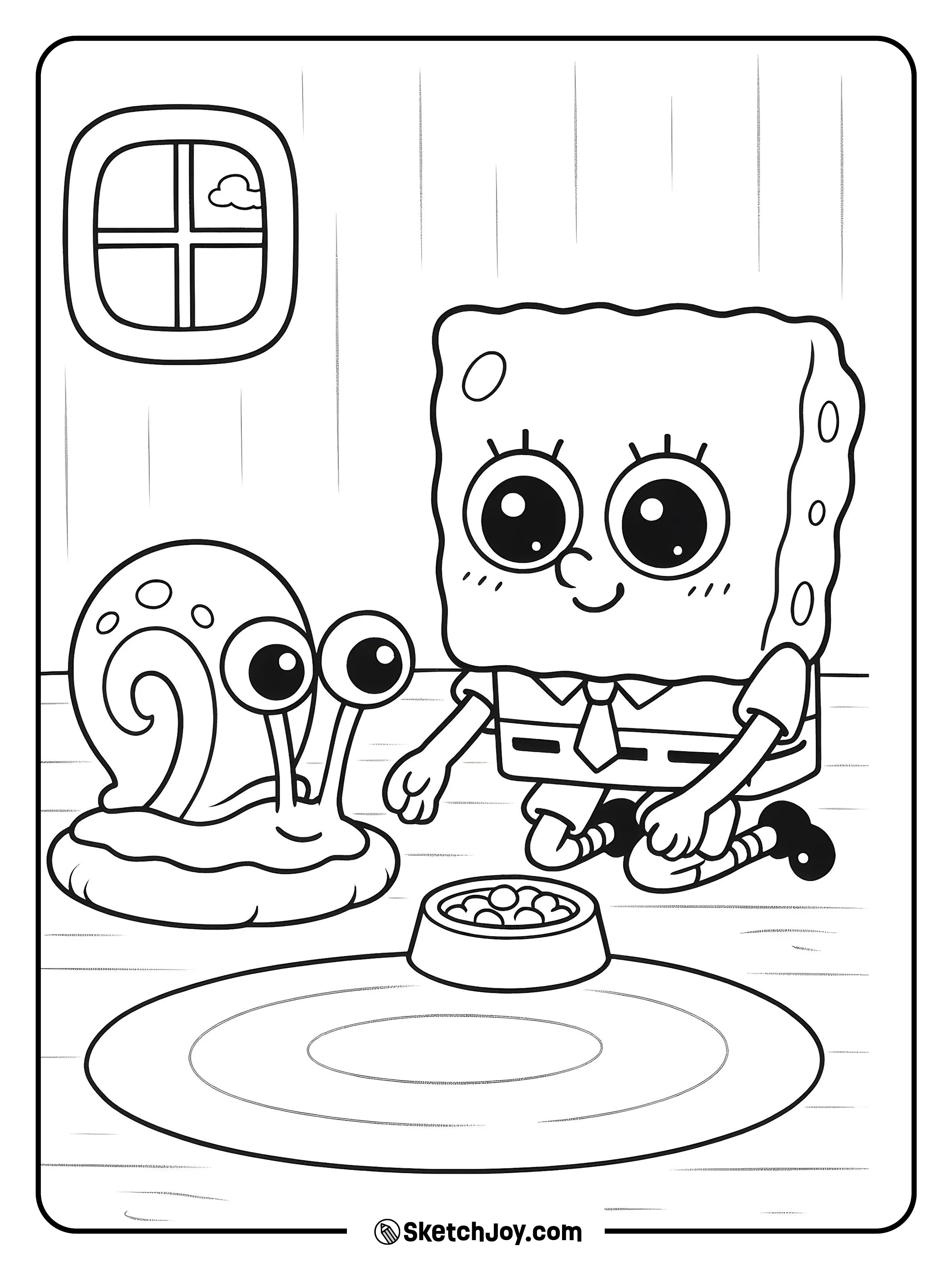 Gary sits happy on a round pillow while SpongeBob offers a bowl.