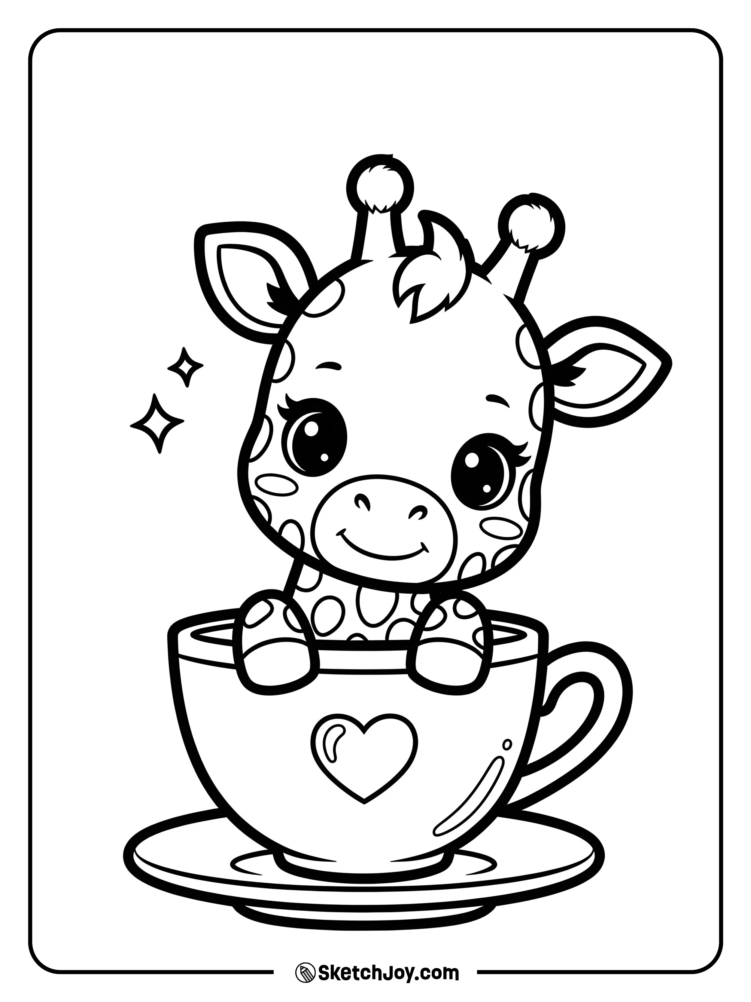 A tiny giraffe sits in a big tea cup and grins.