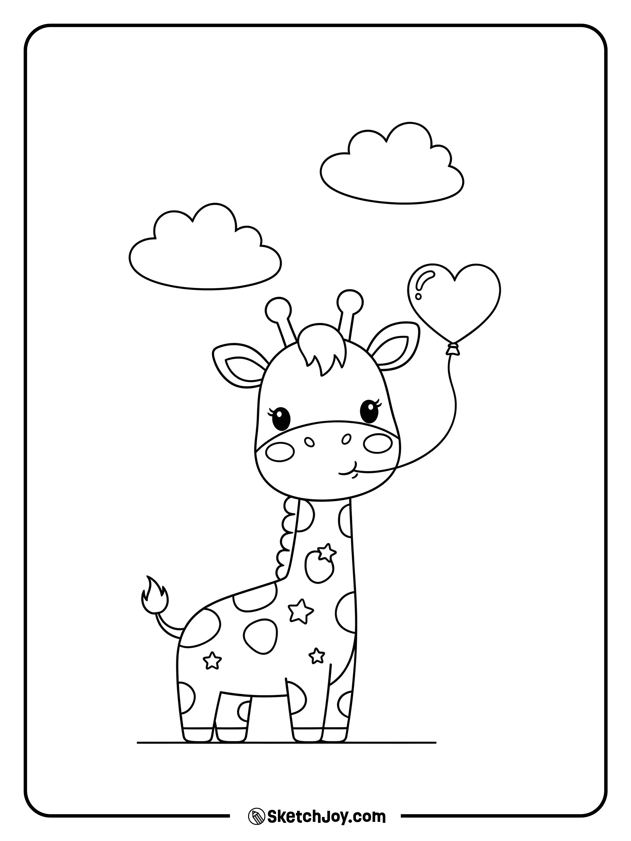 A smiling giraffe holds a heart balloon with its mouth.