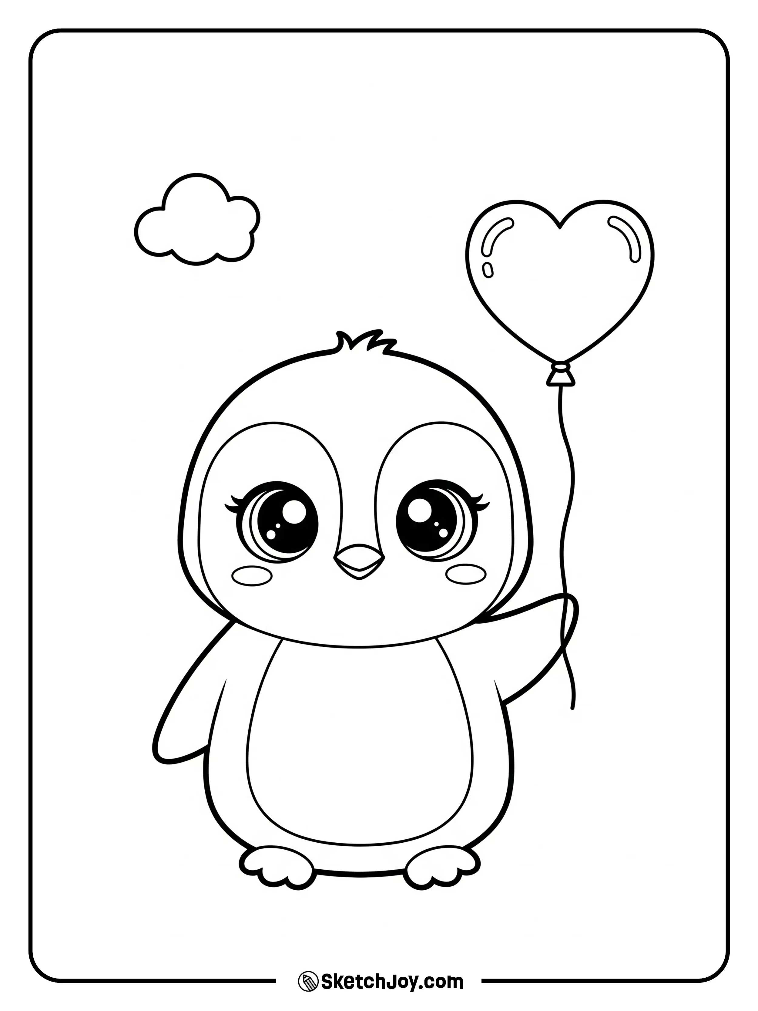 A round penguin holds a heart balloon.