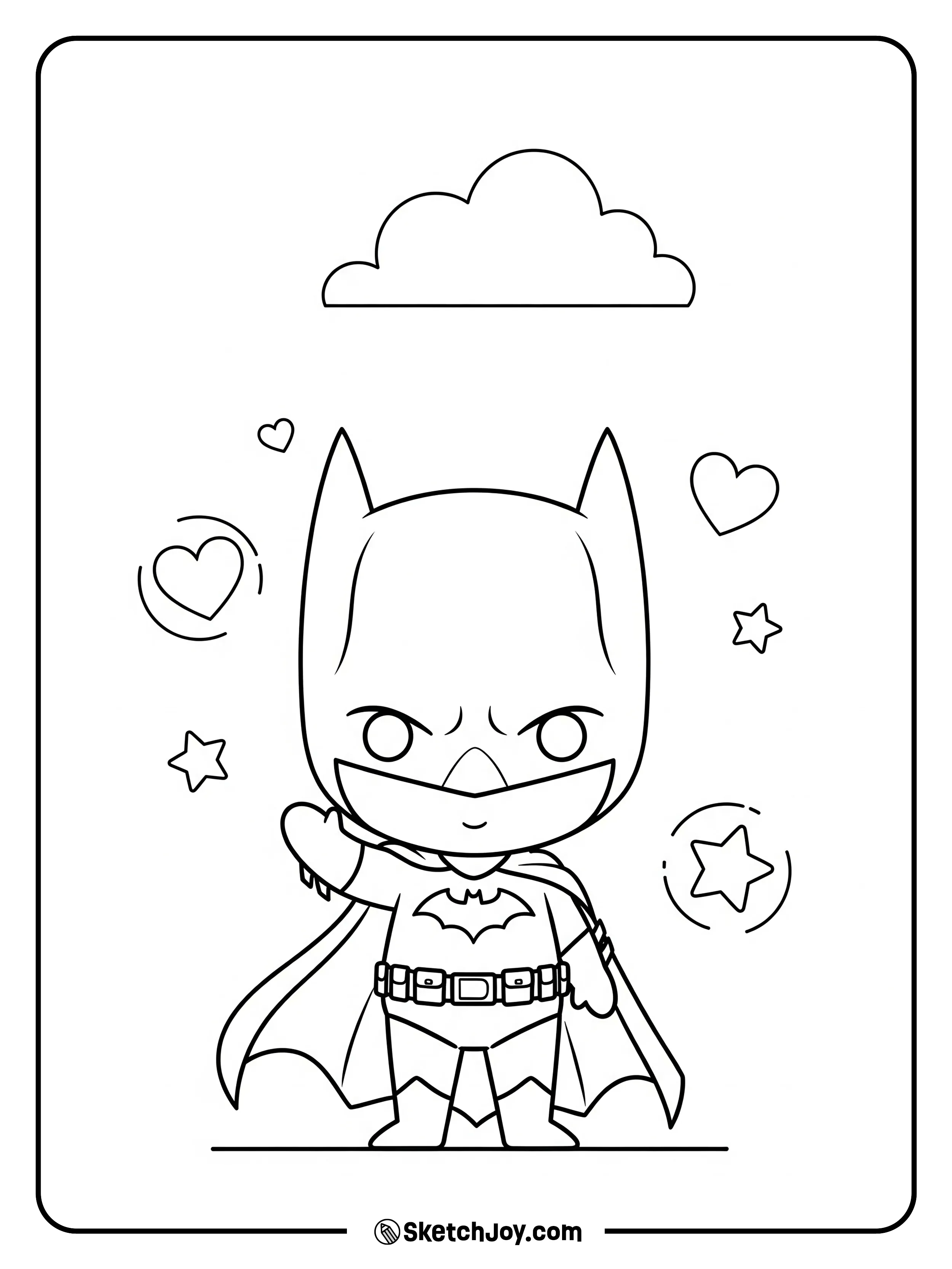 A tiny, cute Batman waves with a shy smile.