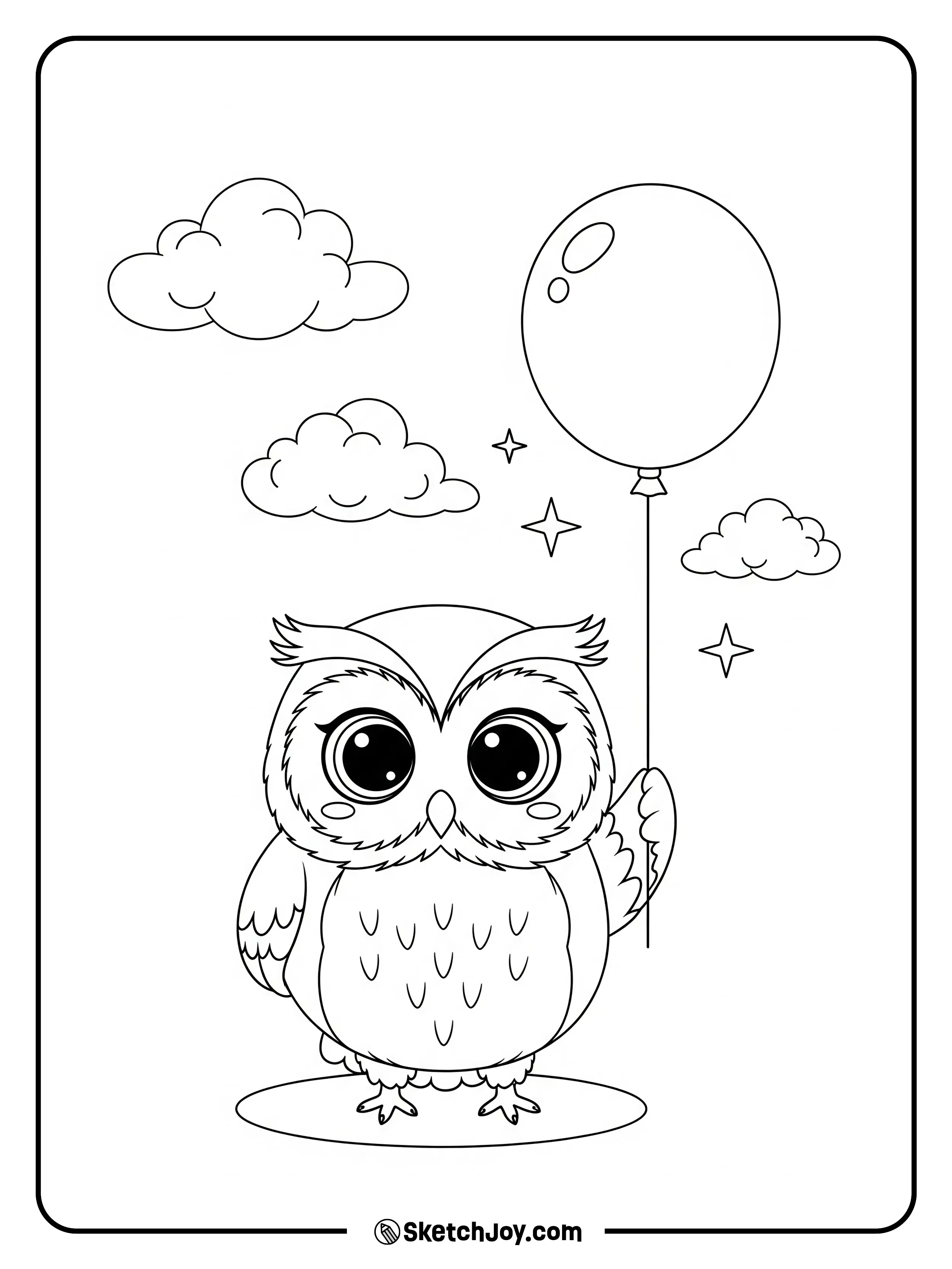 A round owl holds a balloon string with small clouds behind.