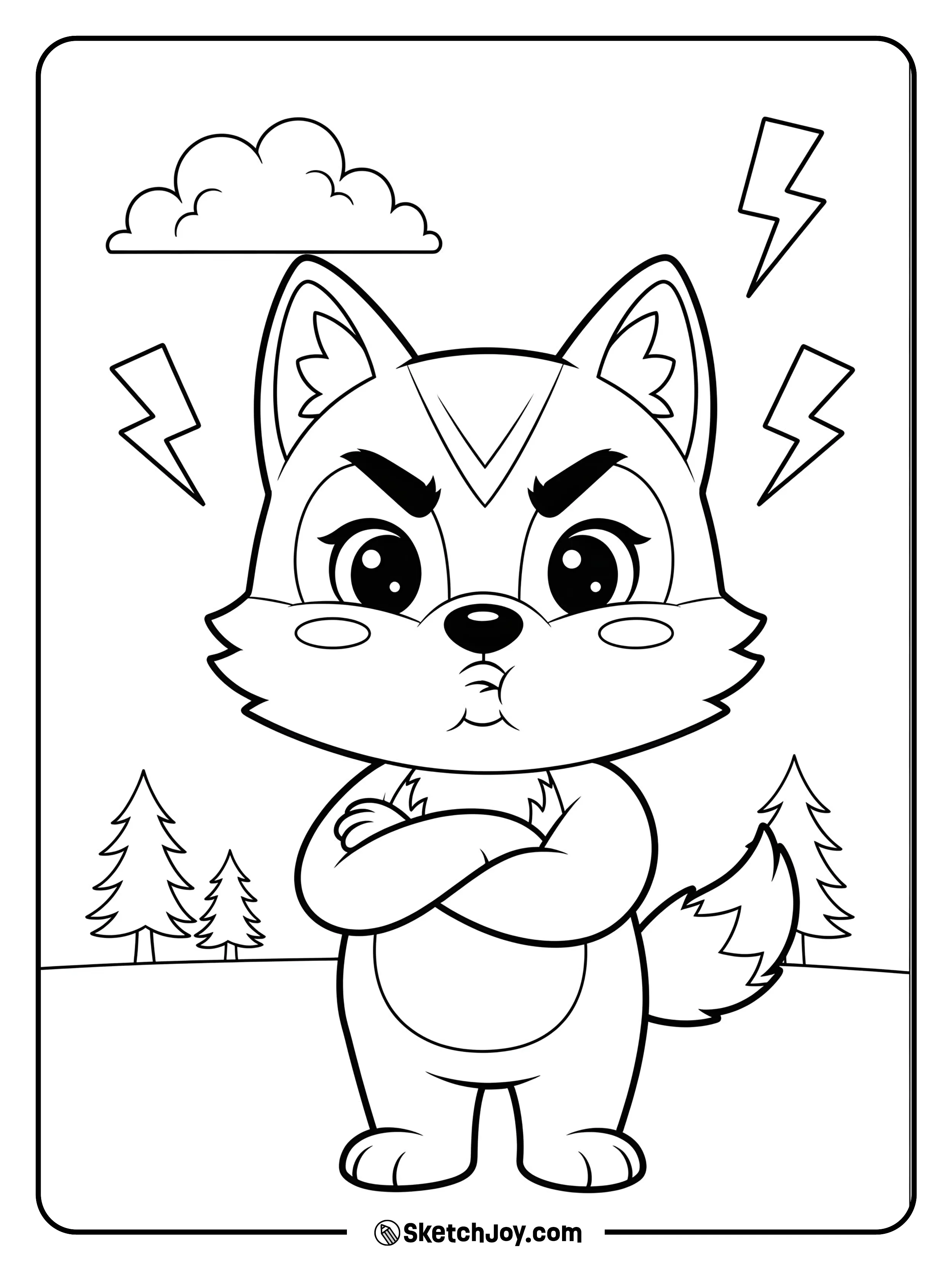 A kawaii wolf crosses its little arms with puffed cheeks.