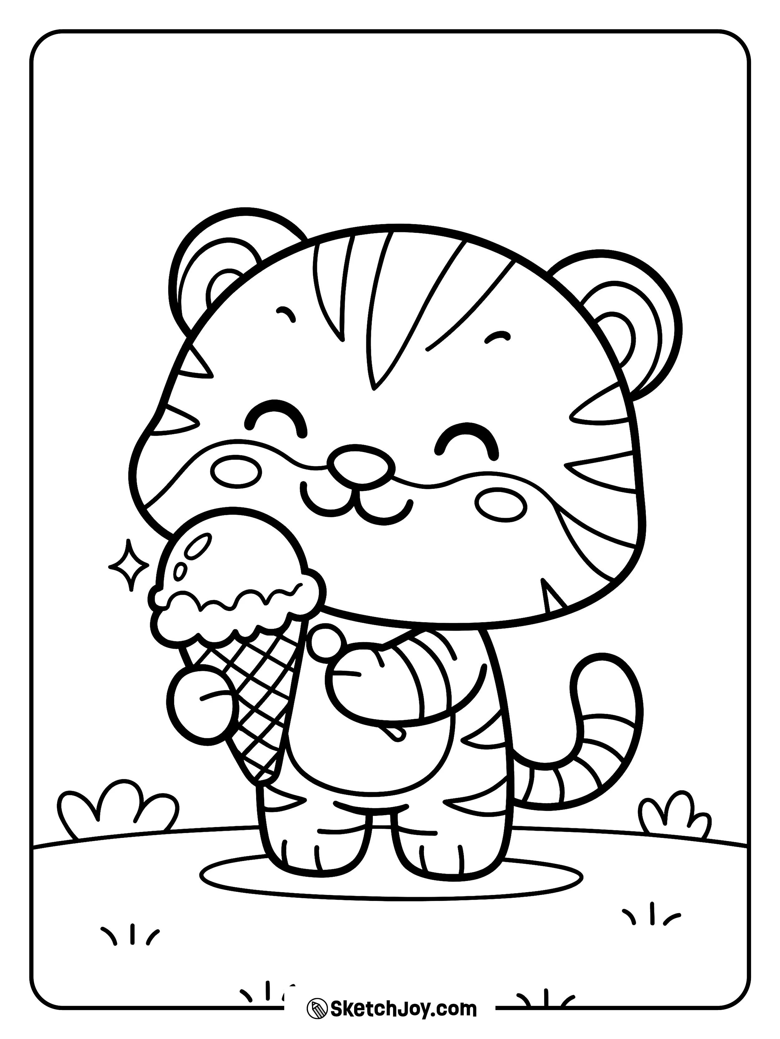 A chubby tiger smiles and holds an ice cream cone.