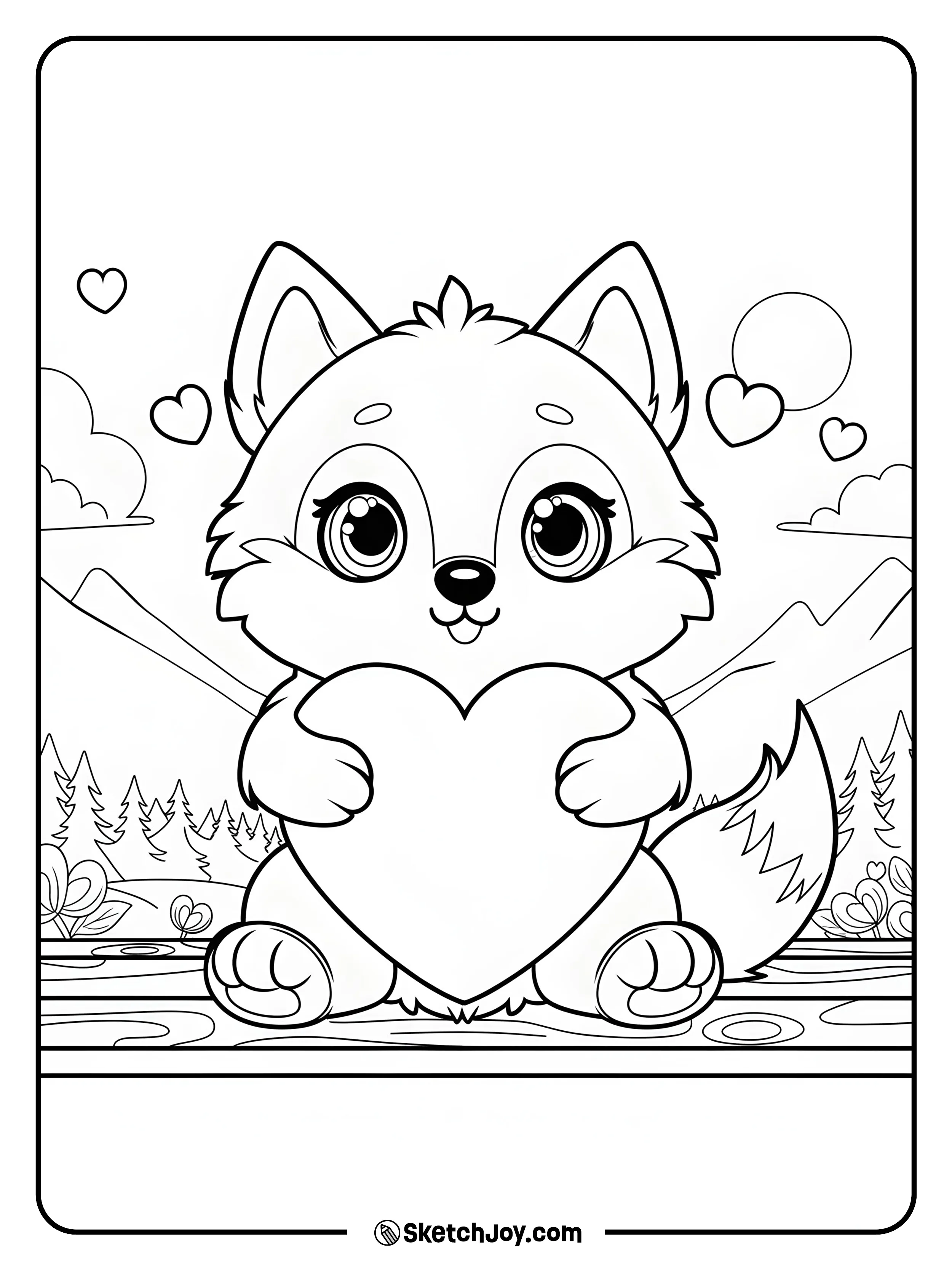 A kawaii-style wolf pup with big sparkling eyes sits on a log and hugs a heart.