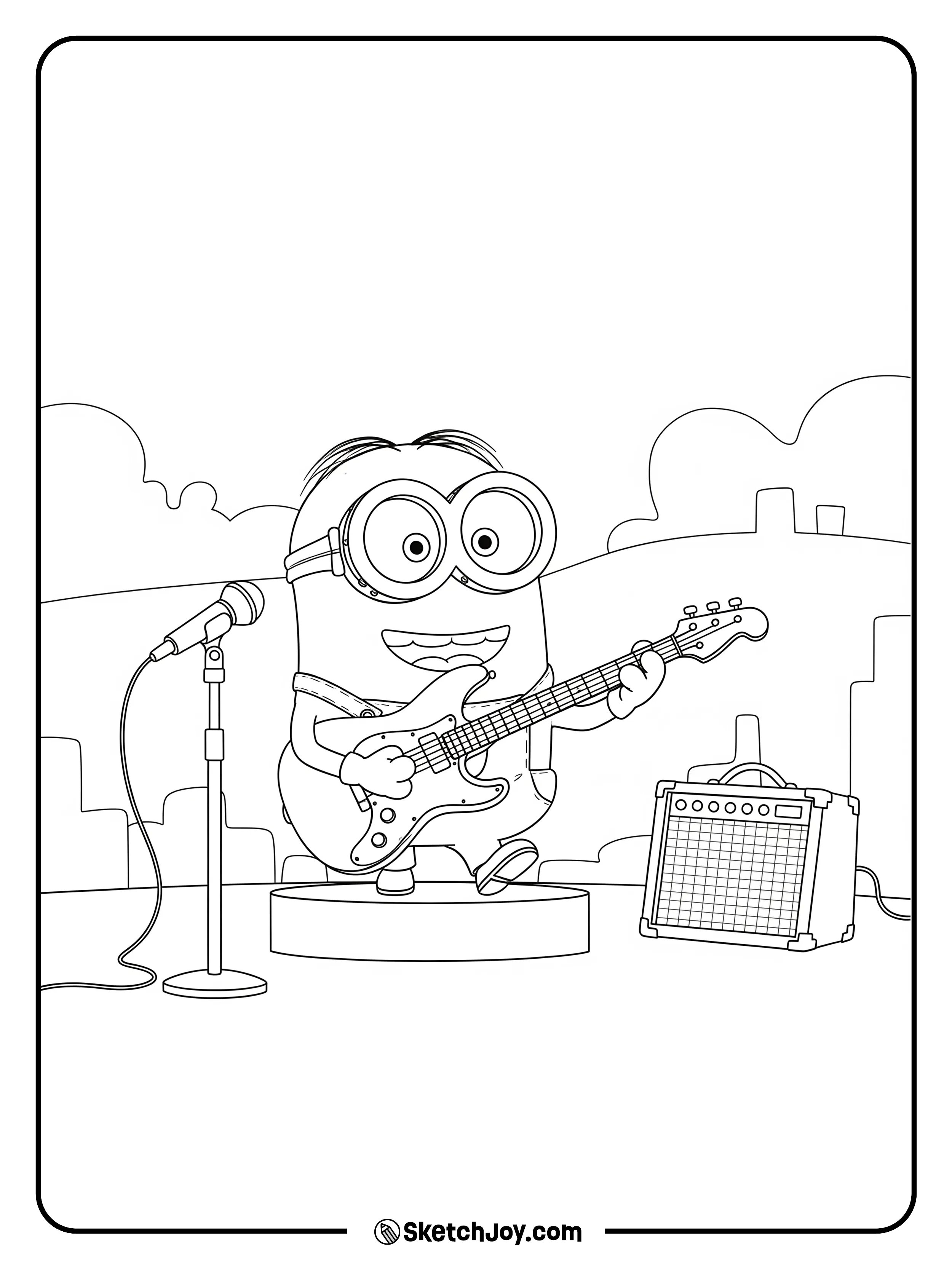 Kevin plays a guitar on a small stage with one speaker and a mic stand.