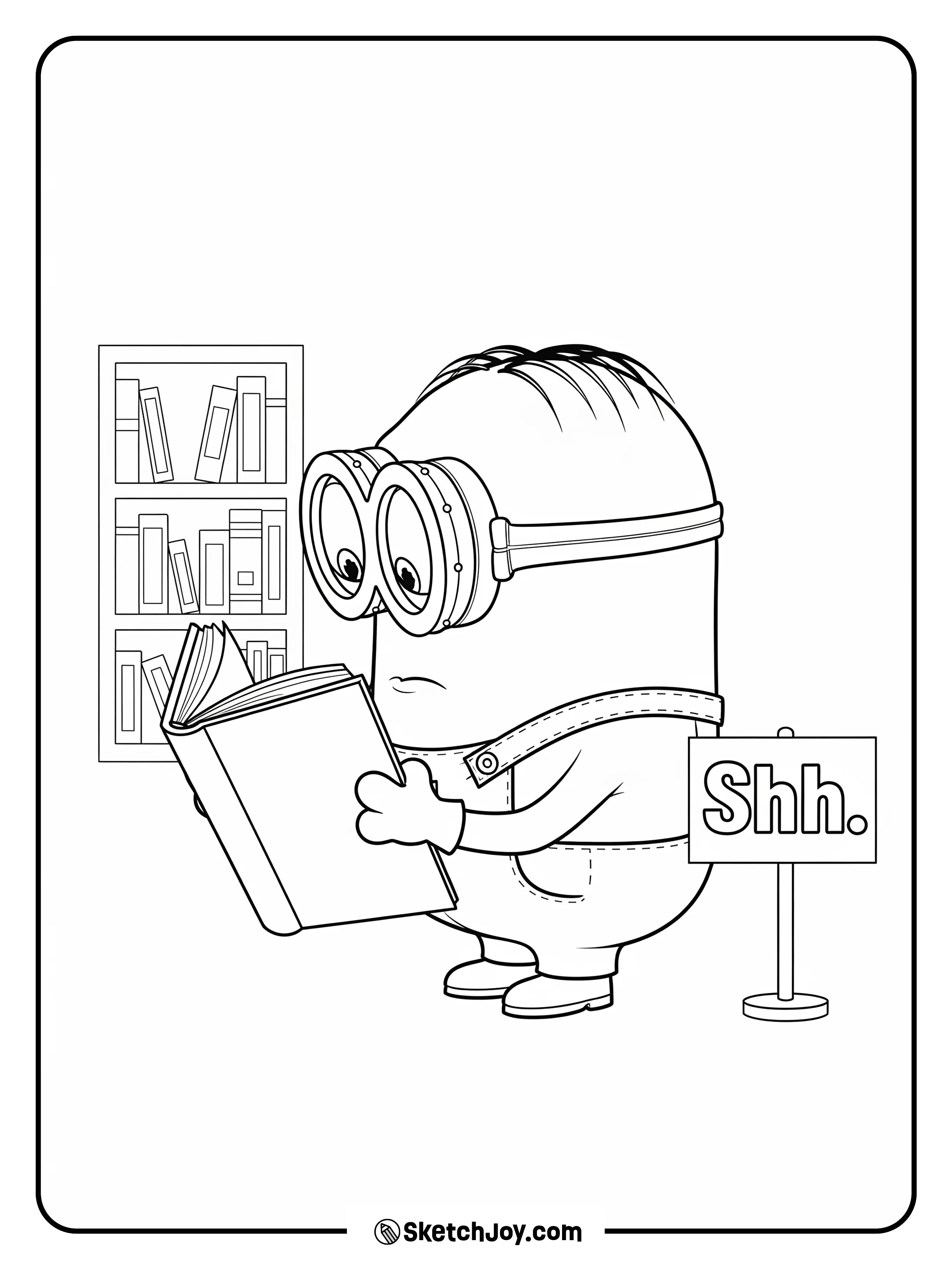 Kevin holds one open book and points to a tiny sign that says “Shh”.