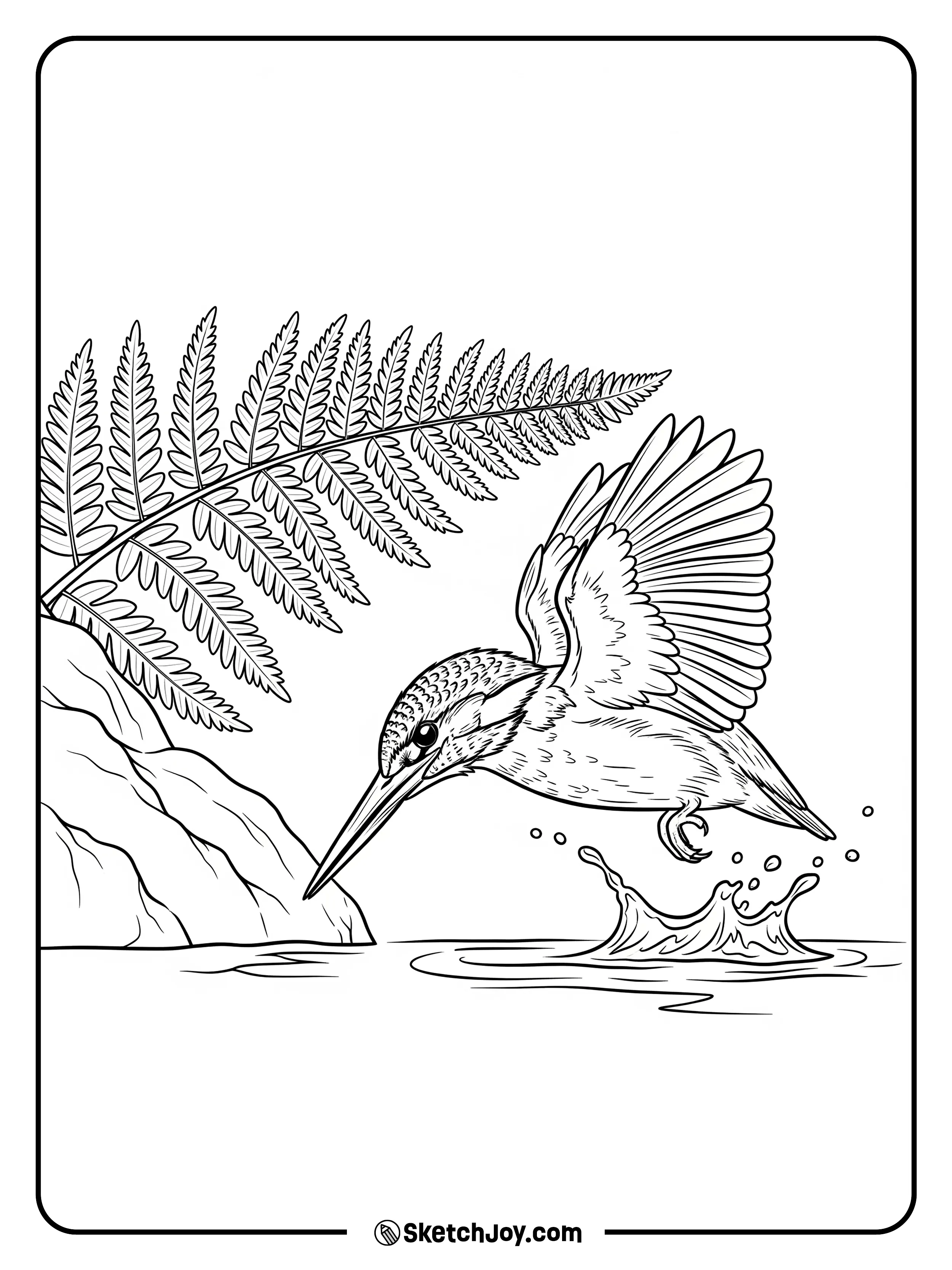 A sharp bird dives toward the stream.