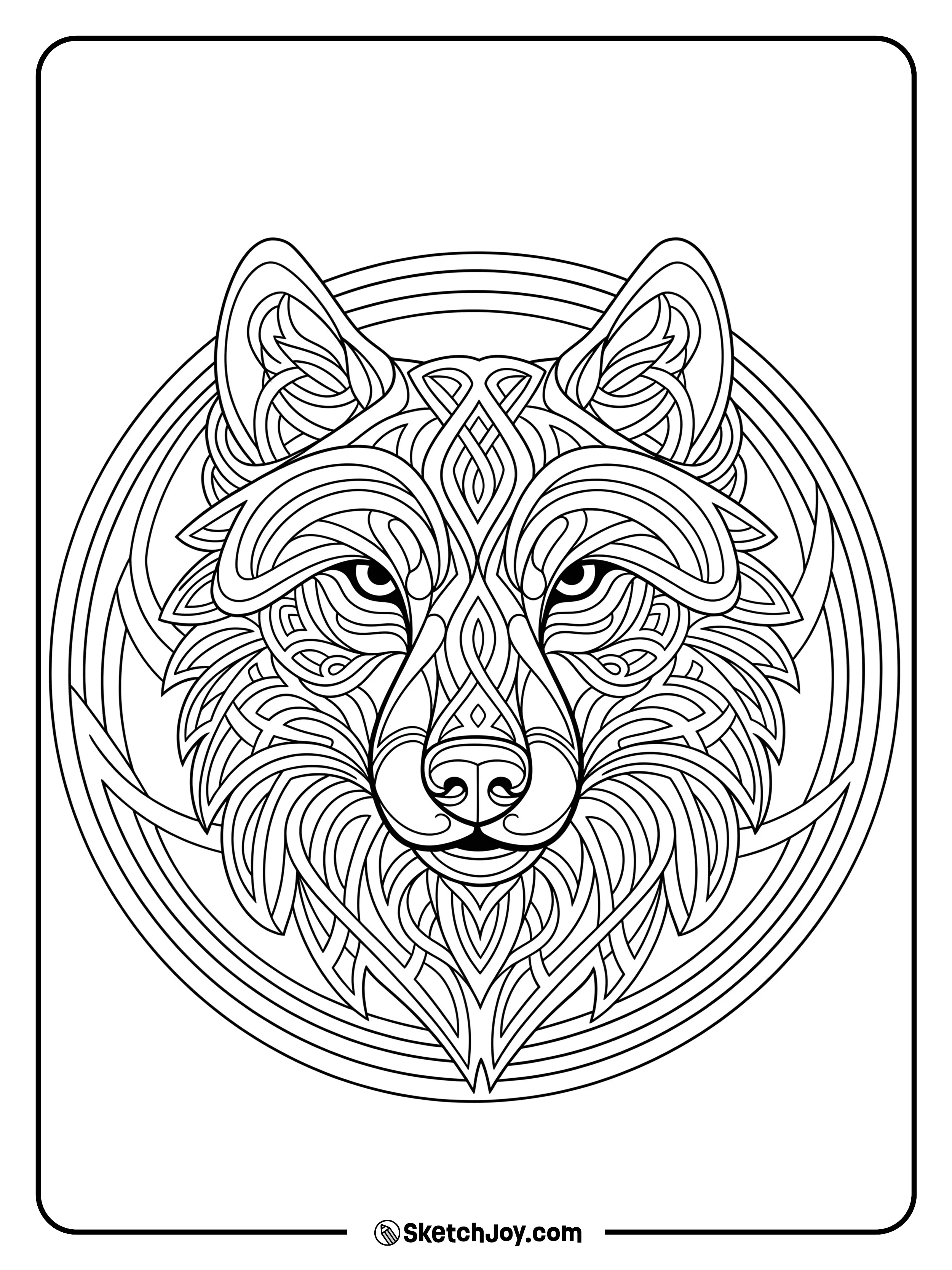 A stylized wolf head uses bold knotwork lines.