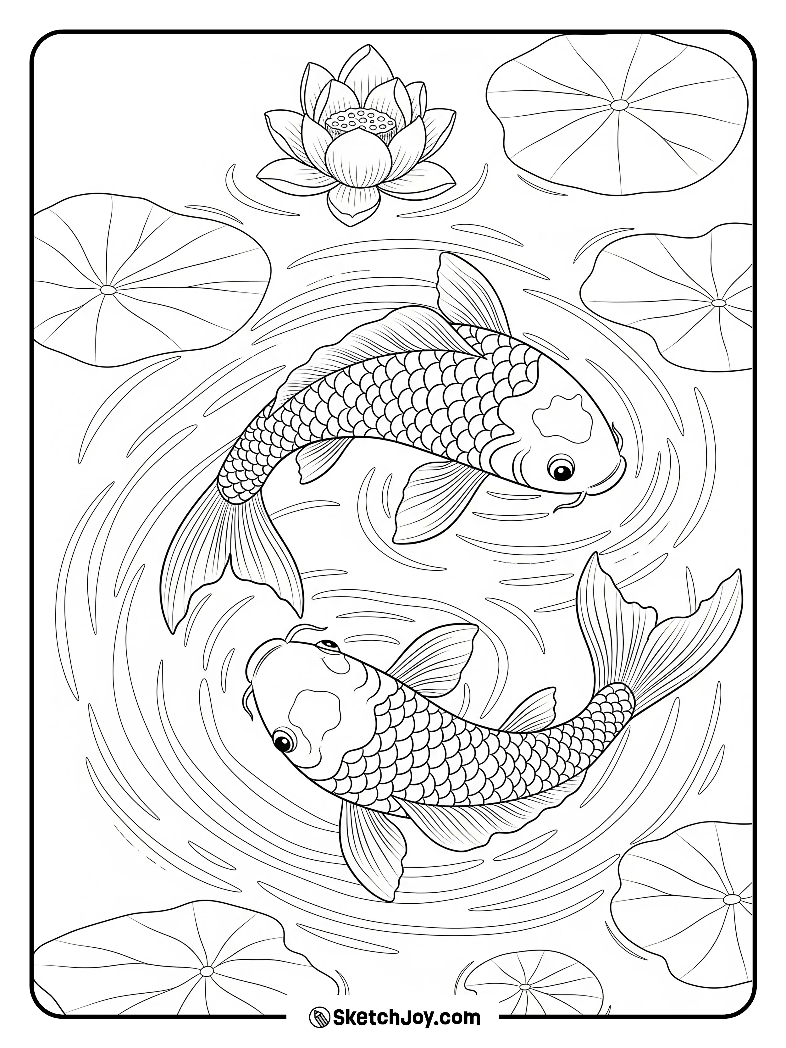Two koi circle beneath broad lotus leaves.