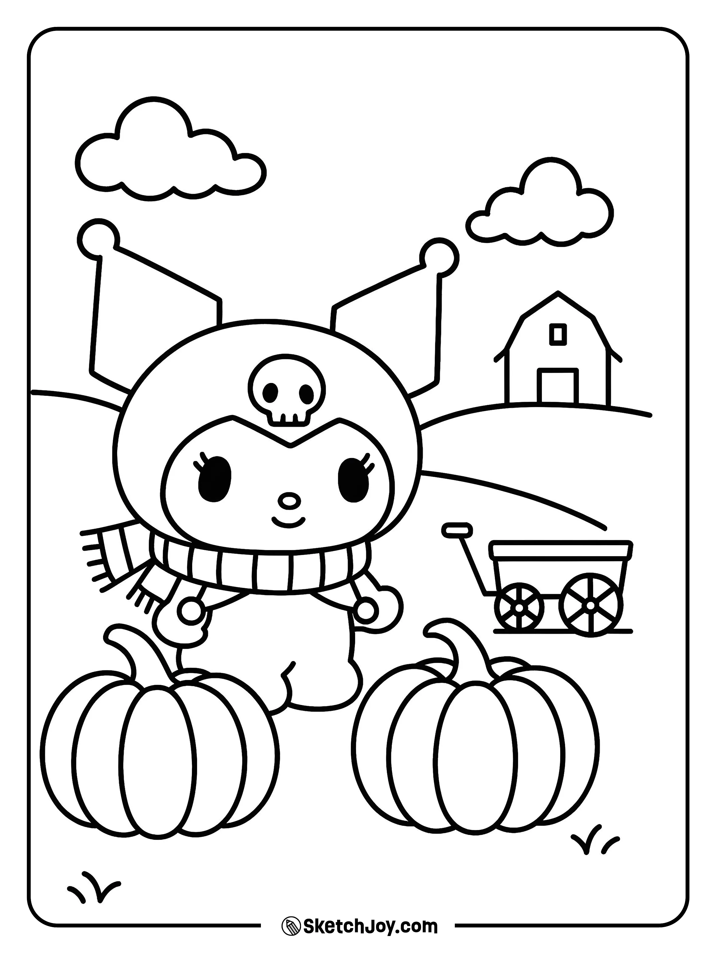 Kuromi leans on a pumpkin with a playful wink.