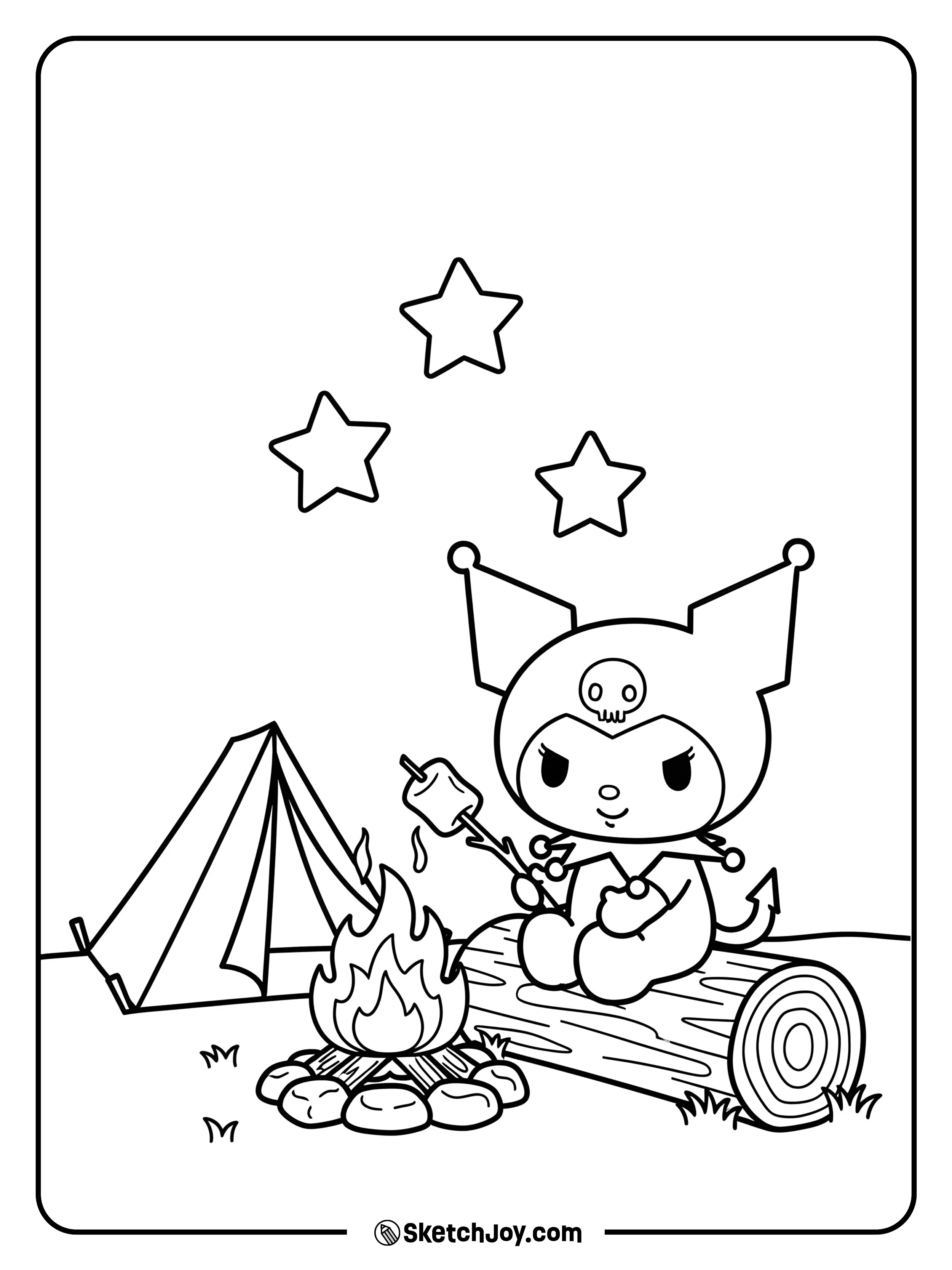 Kuromi toasts a marshmallow under a starry sky.