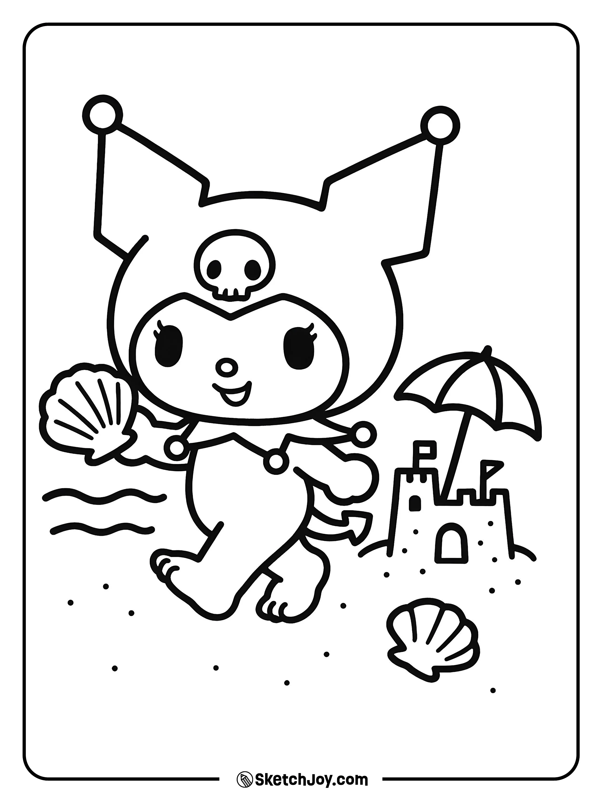 Kuromi collects shells by gentle waves.