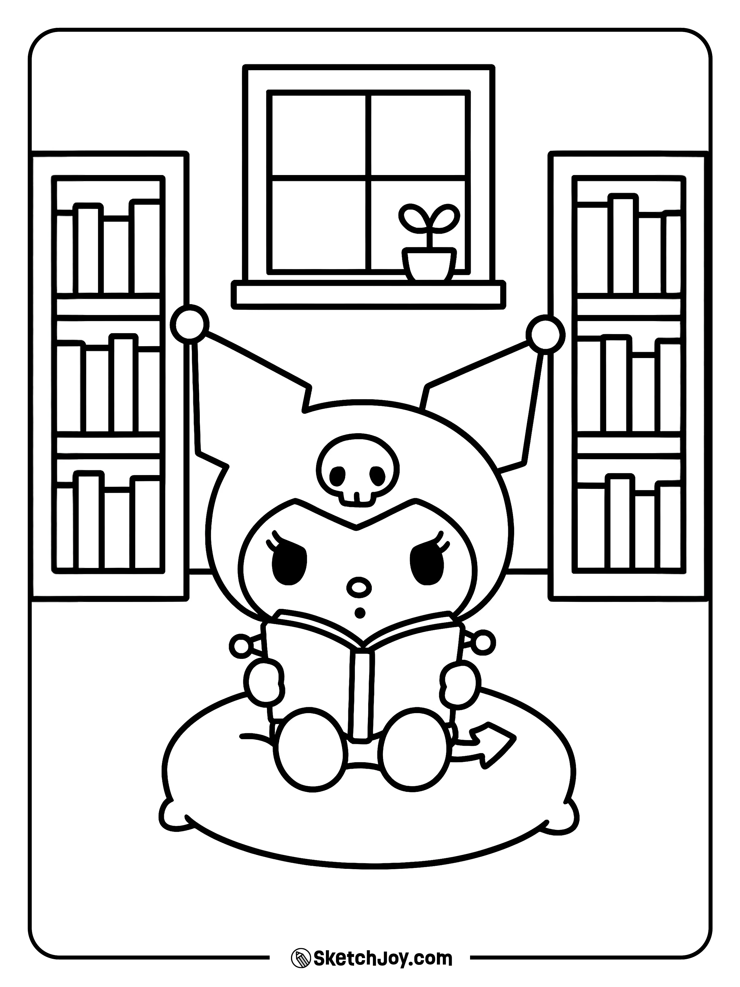 Kuromi curls up with a romance novel by a window.