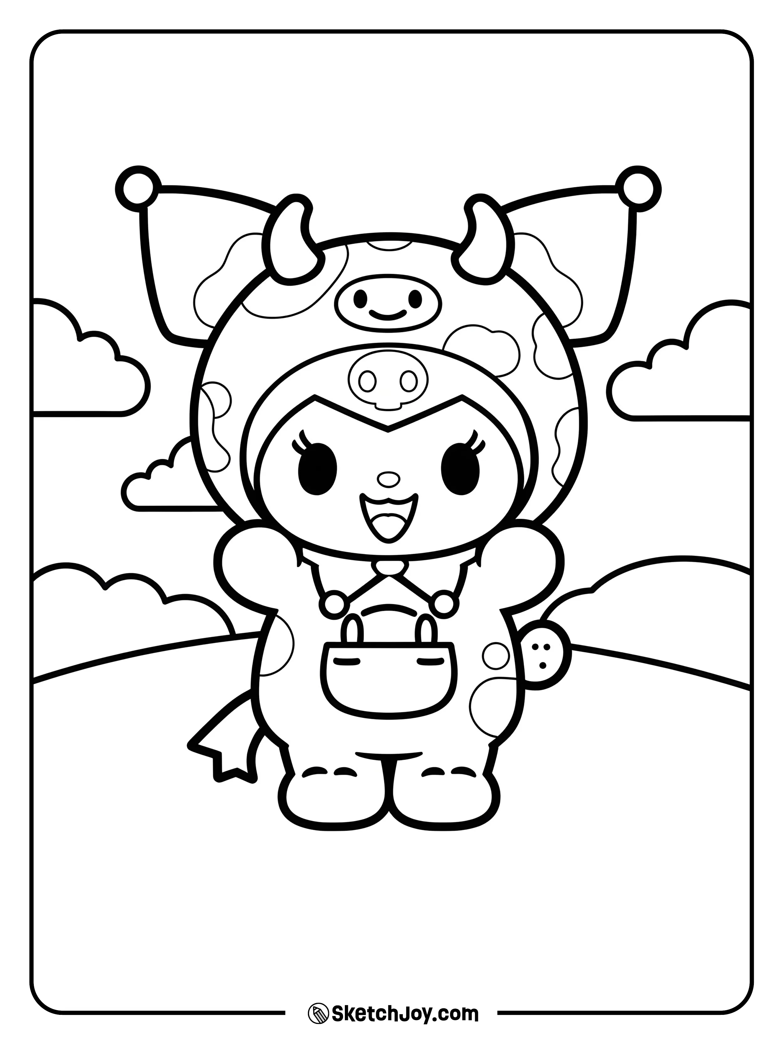 Kuromi smiles in a spotted cow onesie with tiny horns and a front pouch.