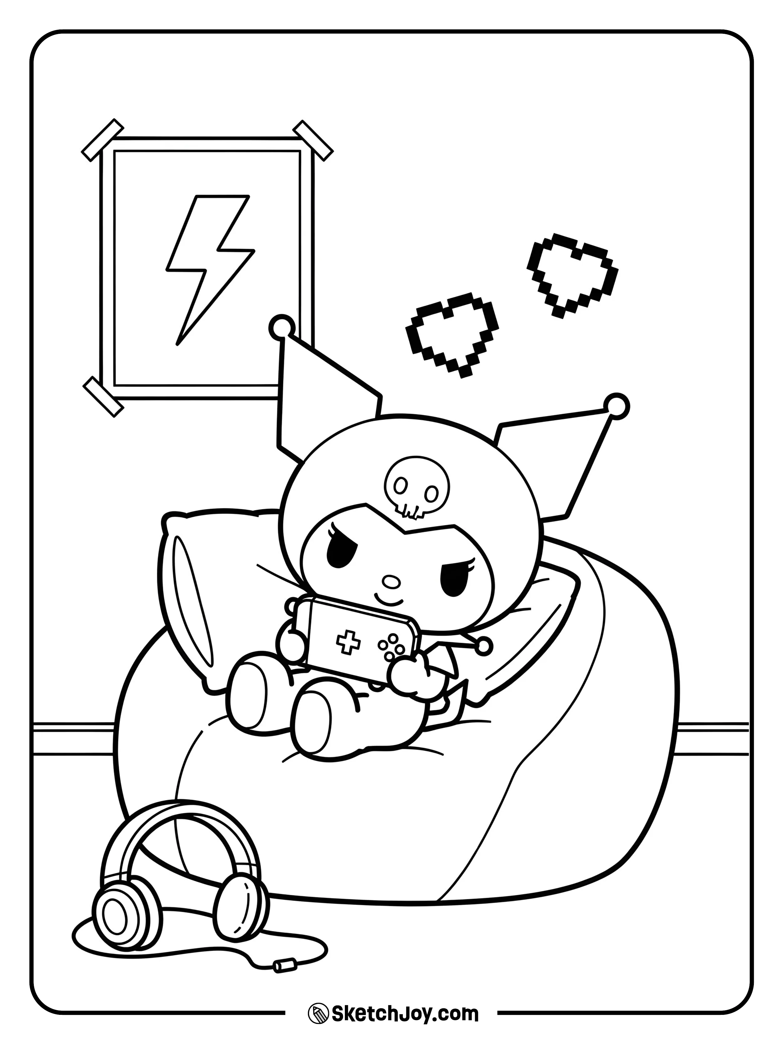 Kuromi lounges on a beanbag with a handheld console.