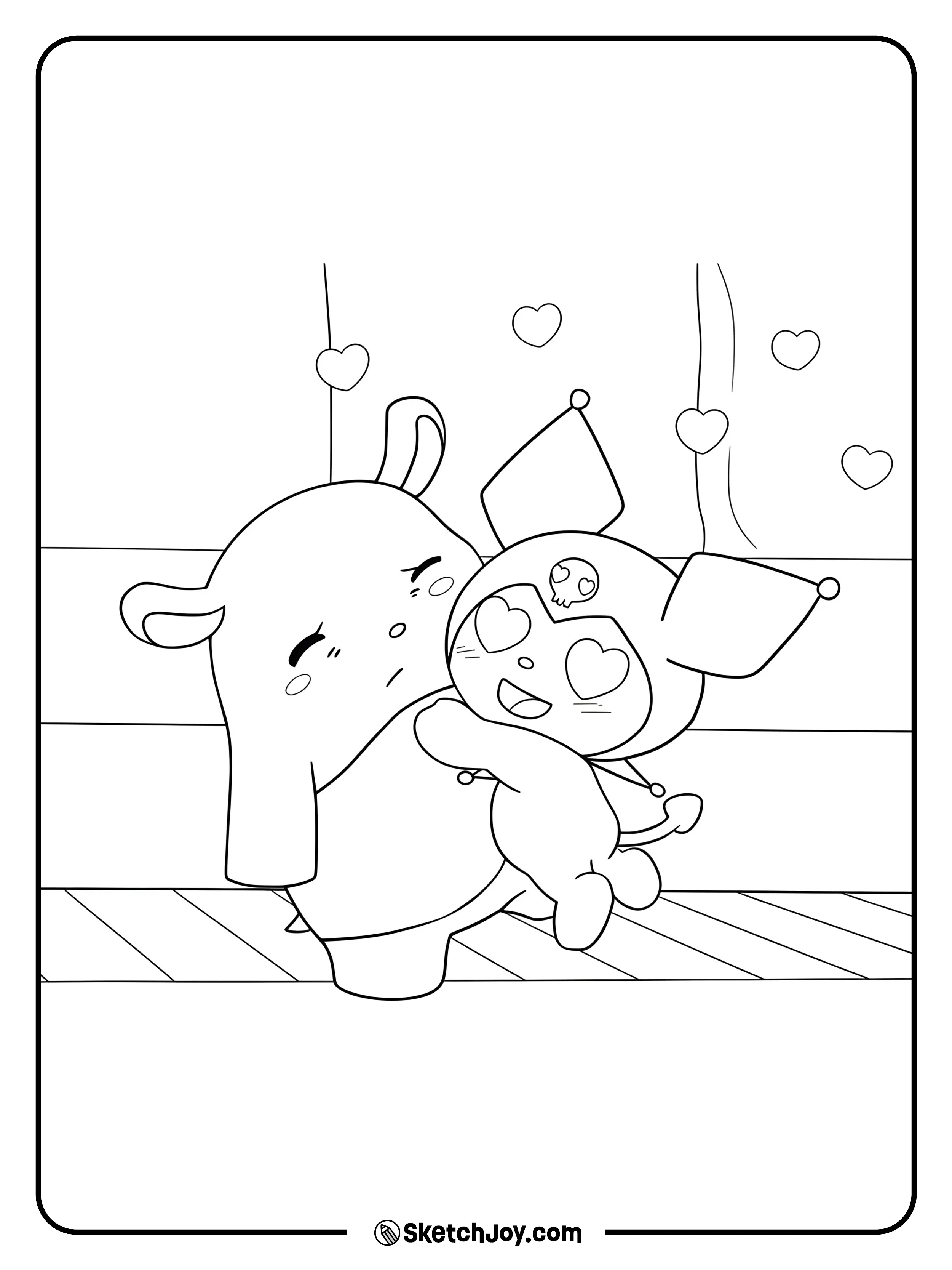 Kuromi jumps in for a big cuddle with Baku
