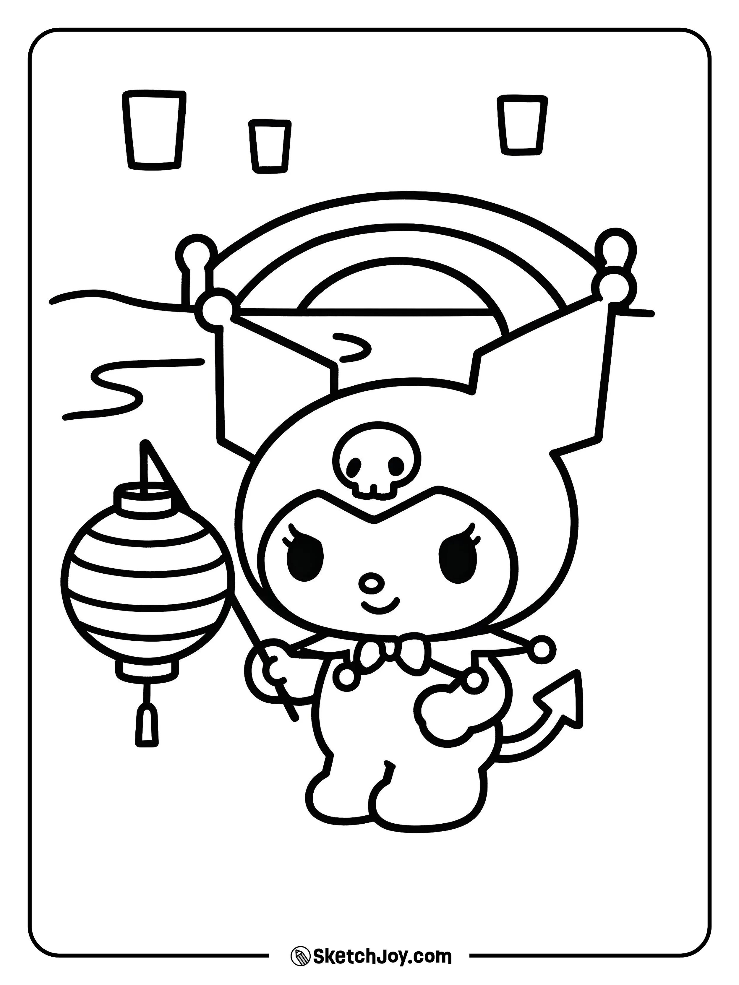 Kuromi carries a round lantern at dusk.