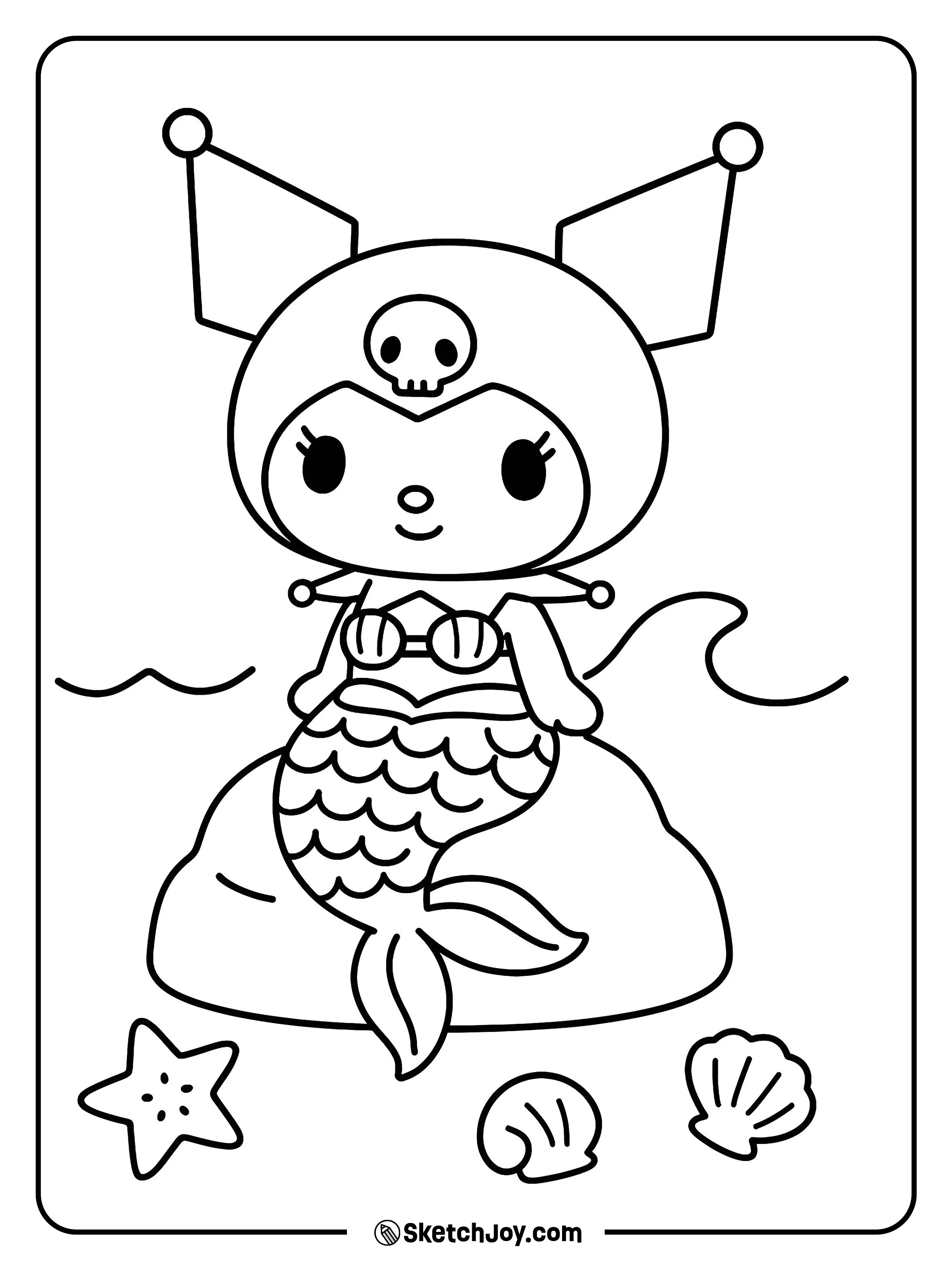 In a playful costume, Kuromi poses on a rock with seashells.