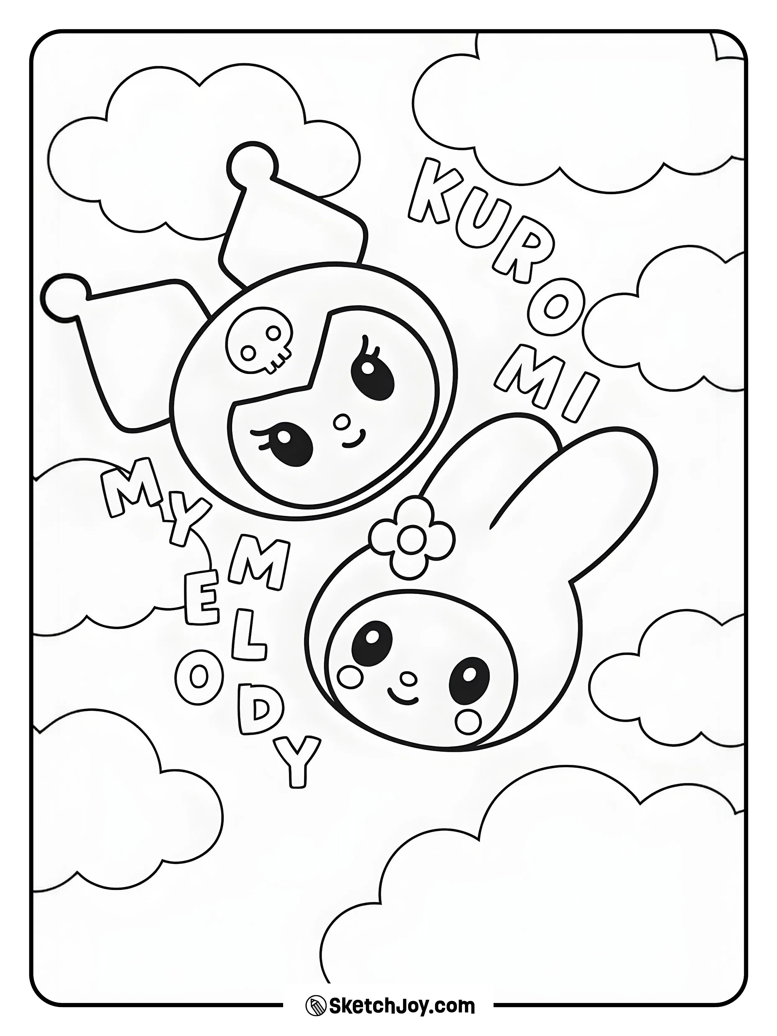 Kuromi and My Melody smile among puffy clouds