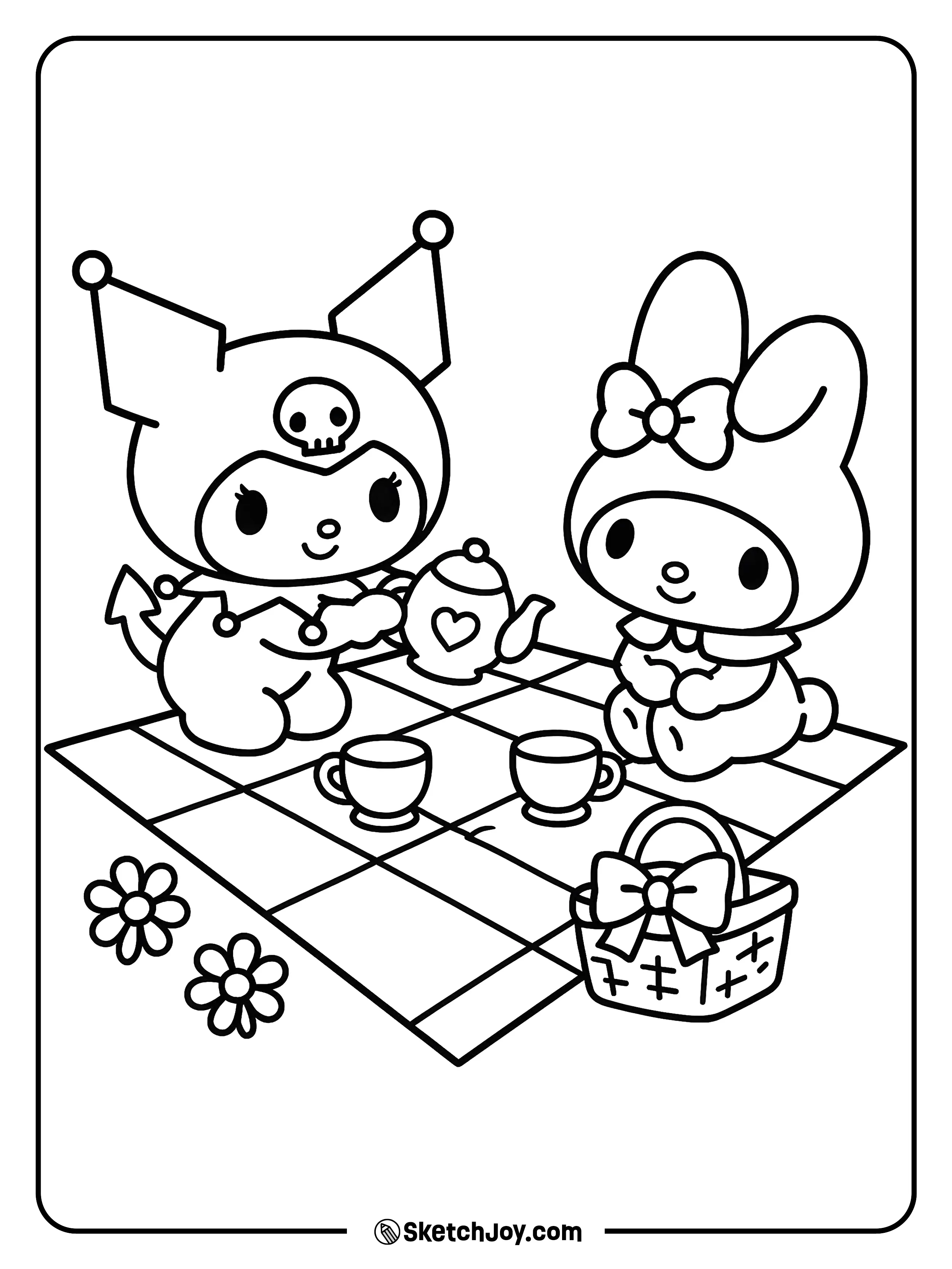 Kuromi pours tea with playful flair as My Melody smiles.