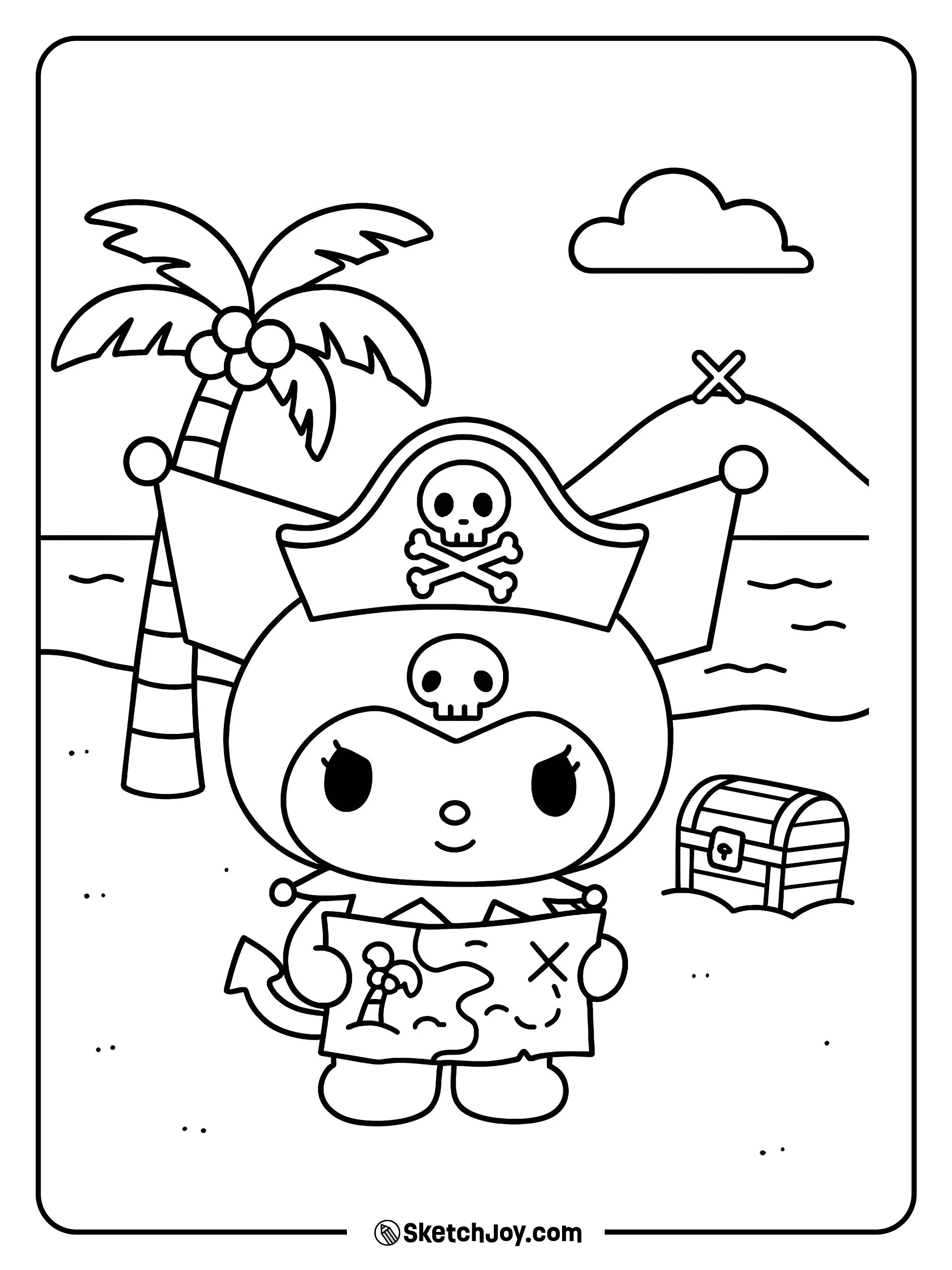 Kuromi peers at a treasure map on a sandy shore.