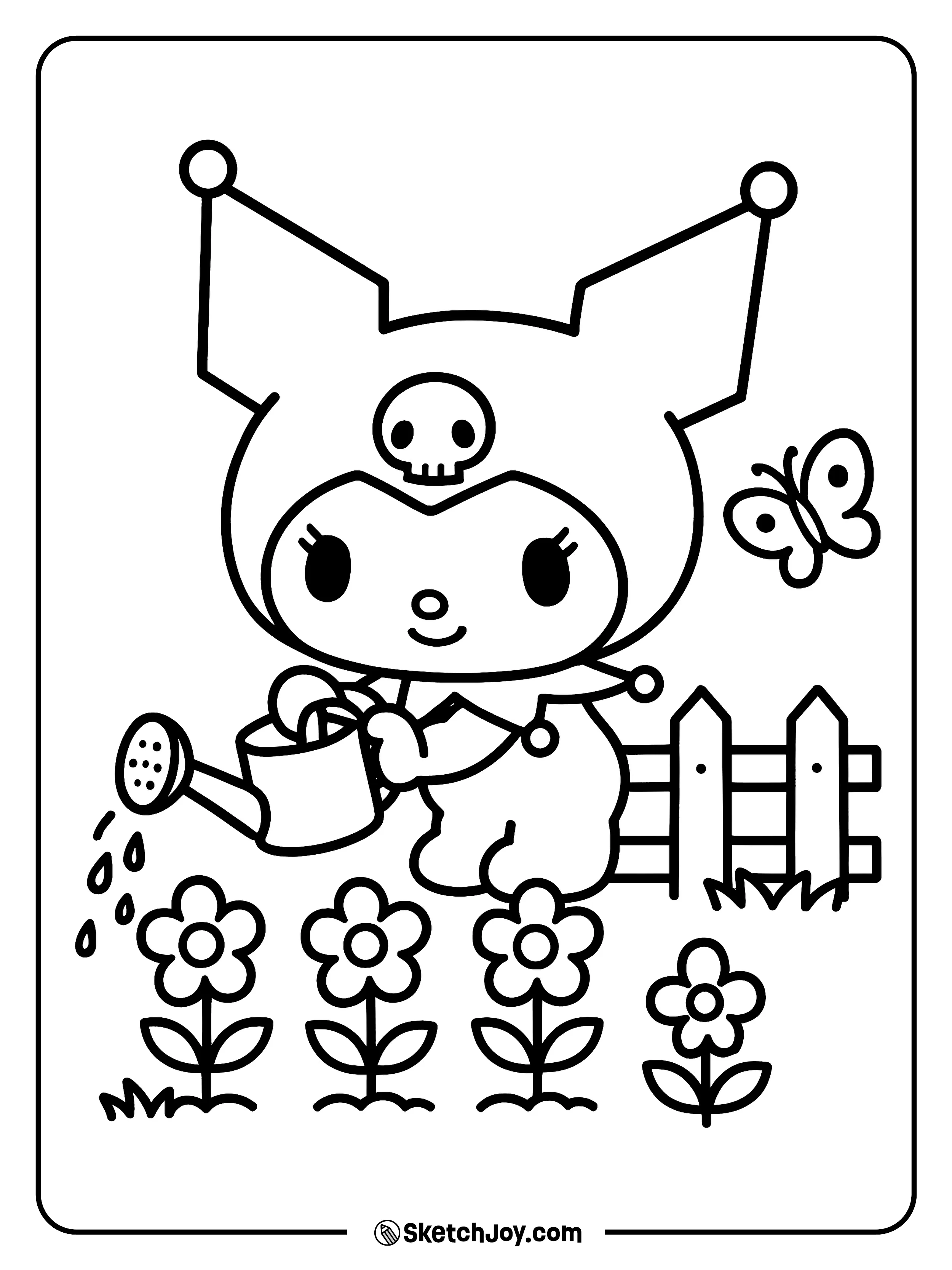 Kuromi waters sprouting flowers with a small can.