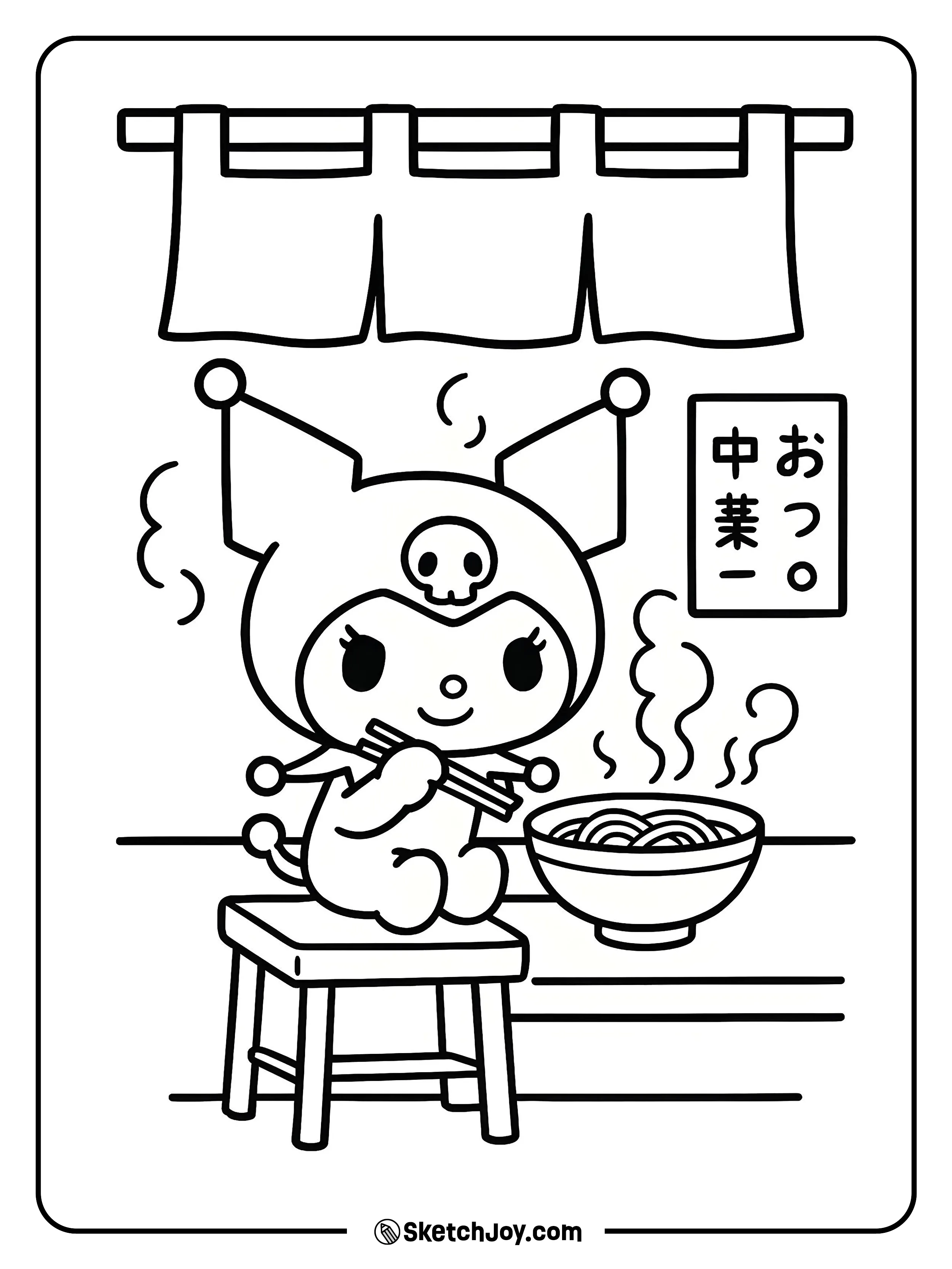 Kuromi slurps noodles at a counter.