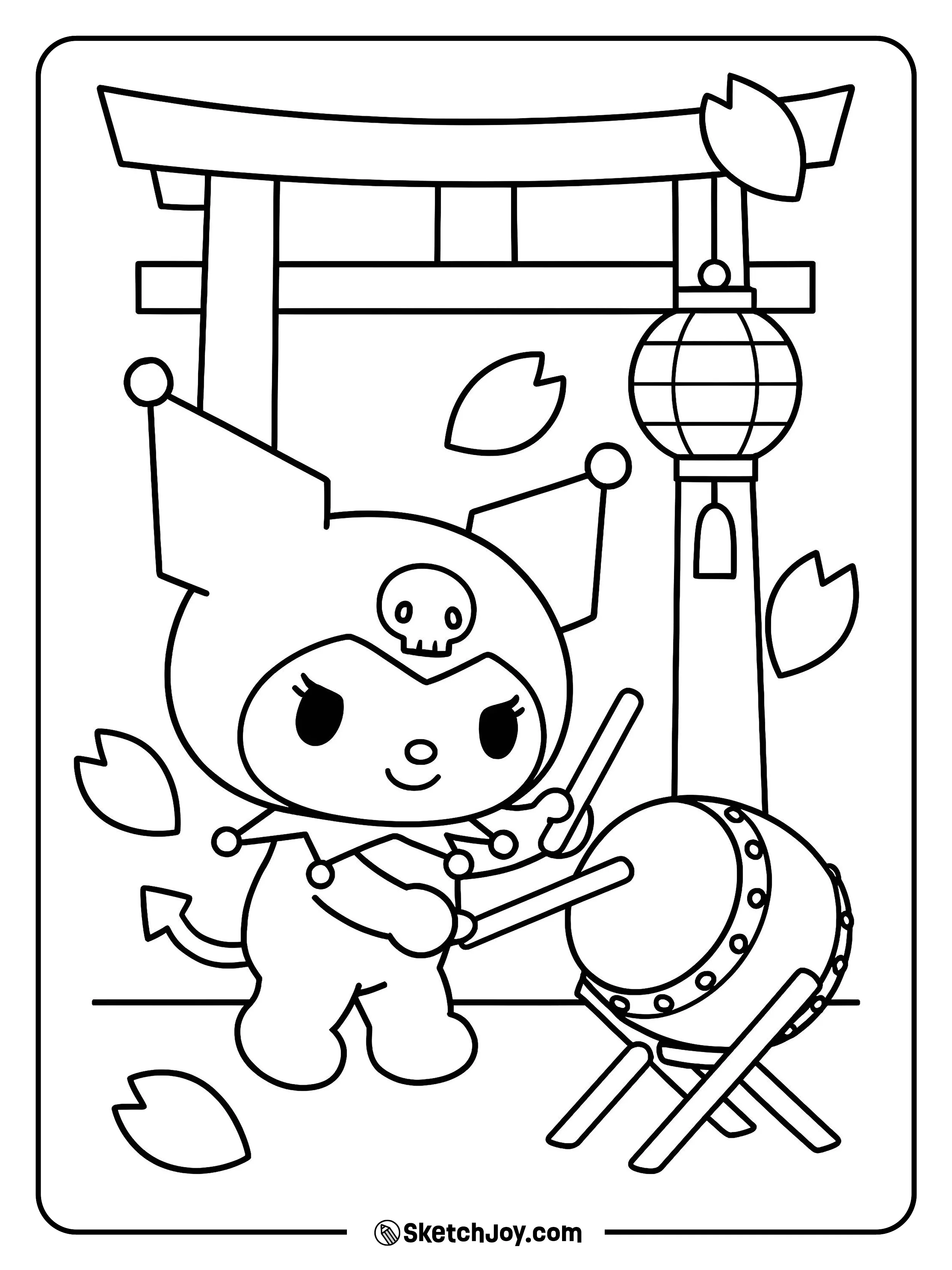 Kuromi taps a taiko drum under drifting petals.